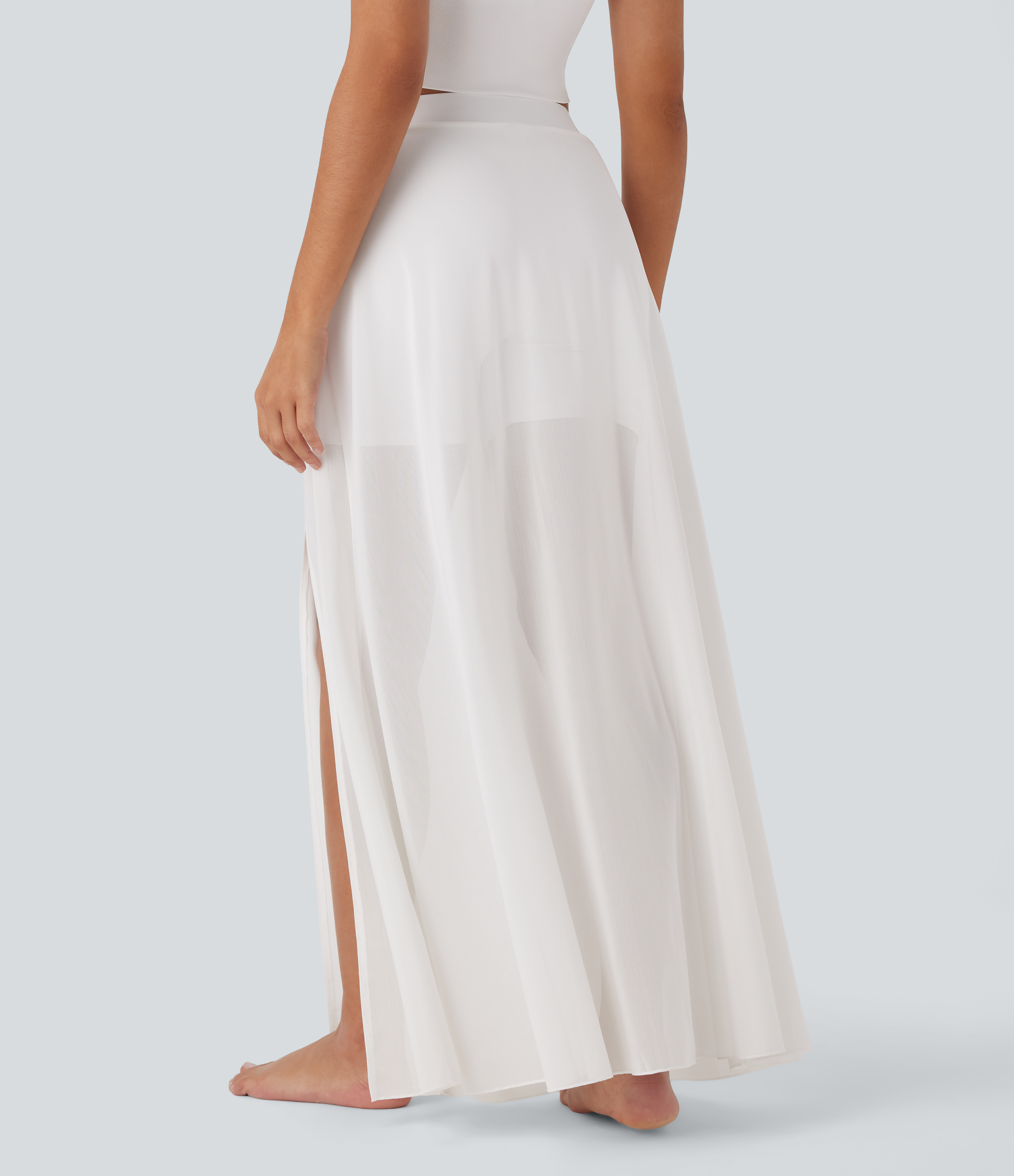 Blanco Falda baile maxi tiro medio 2 en 1 abertura bolsillo lateral / 2