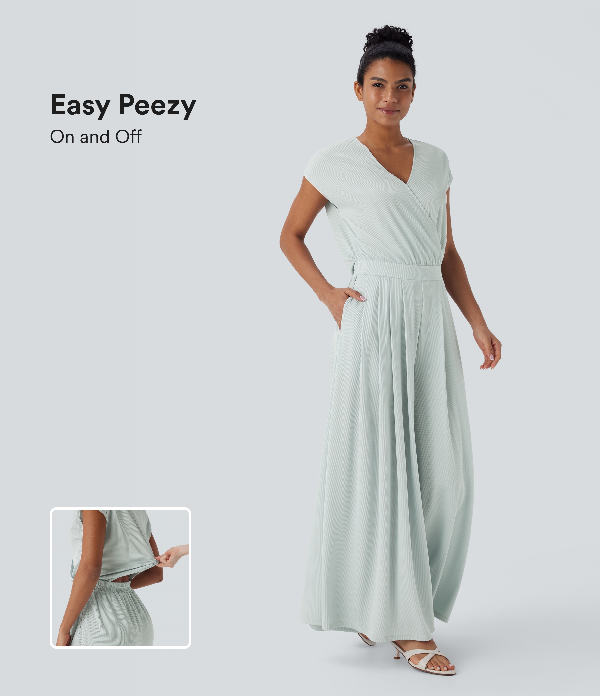 V-Ausschnitt, kurze Ärmel, Seitentasche, weites Bein, fließender Waffel-Jumpsuit, lässiger Jumpsuit – Easy Peezy Edition