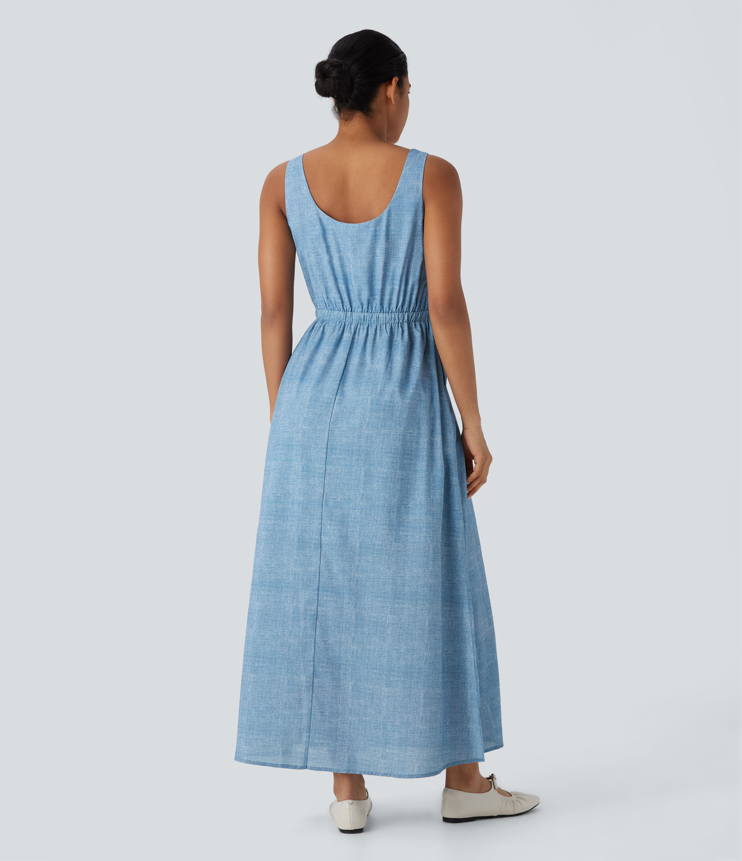 Light Blue Vestido largo casual sin mangas con espalda abierta, cordón ajustable y bolsillos / 2