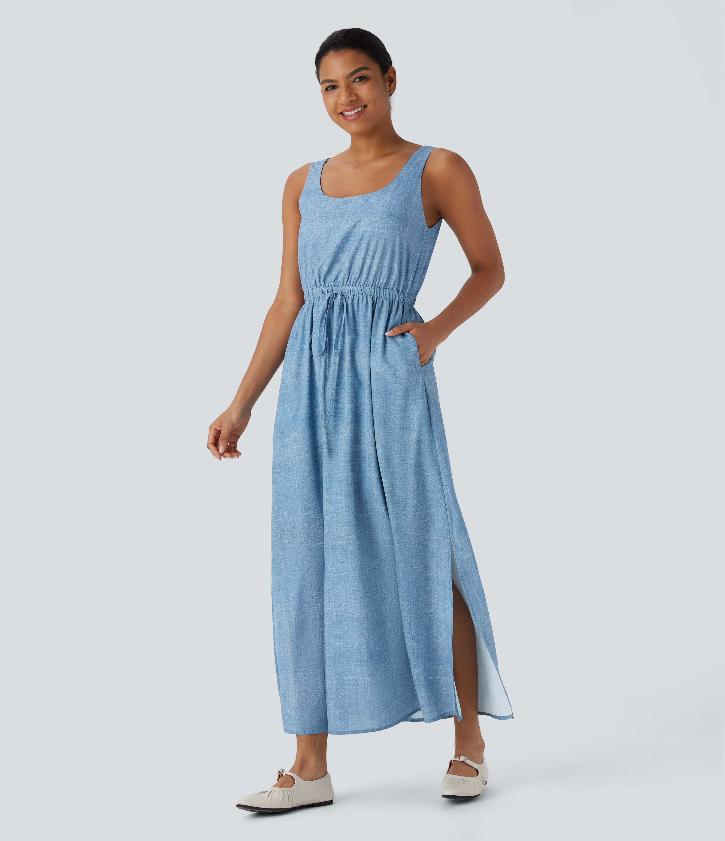 Light Blue Vestido largo casual sin mangas con espalda abierta, cordón ajustable y bolsillos / 1