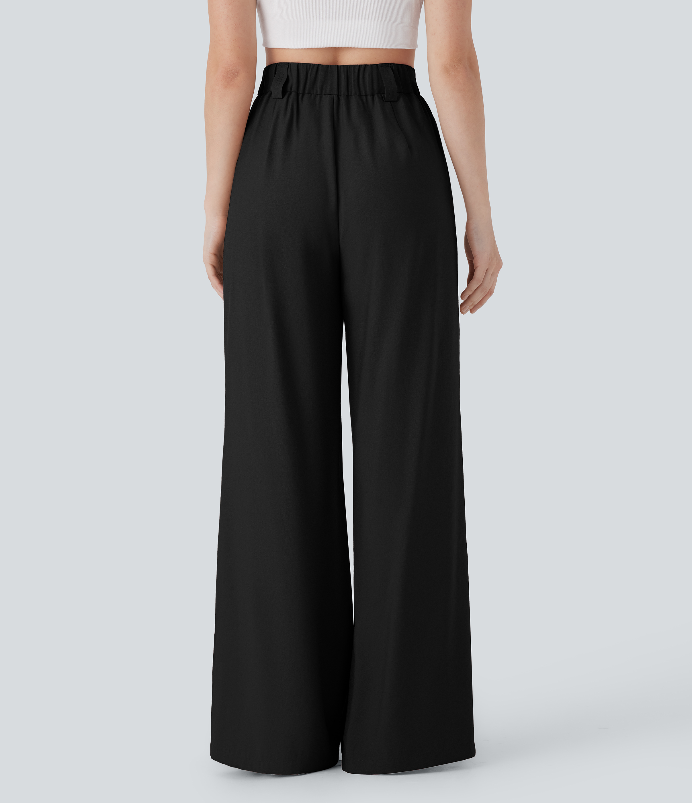 Black Mid Rise Wide Leg Casual Linen-Feel Pants with Pockets / 2