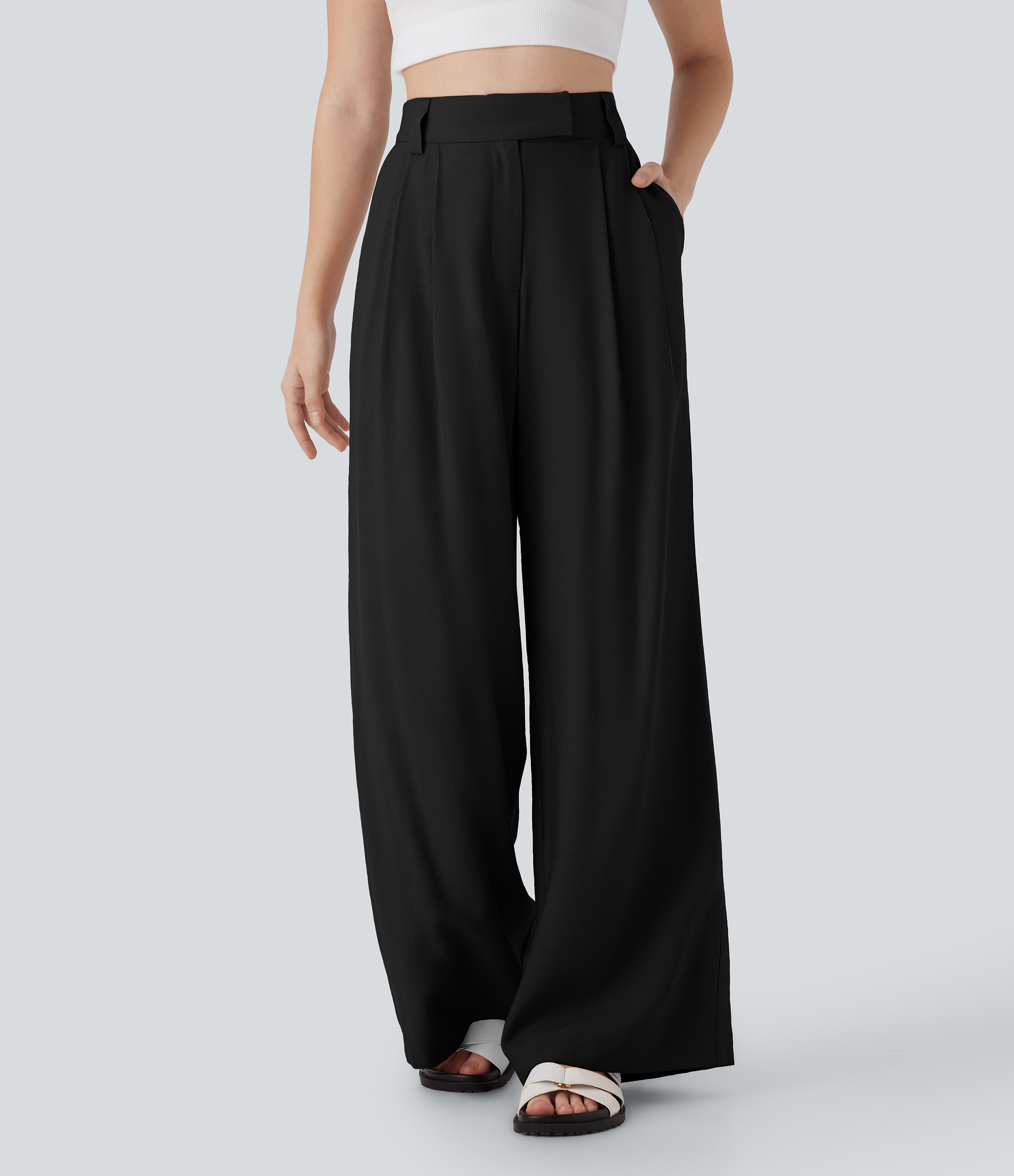 Black Mid Rise Wide Leg Casual Linen-Feel Pants with Pockets / 1