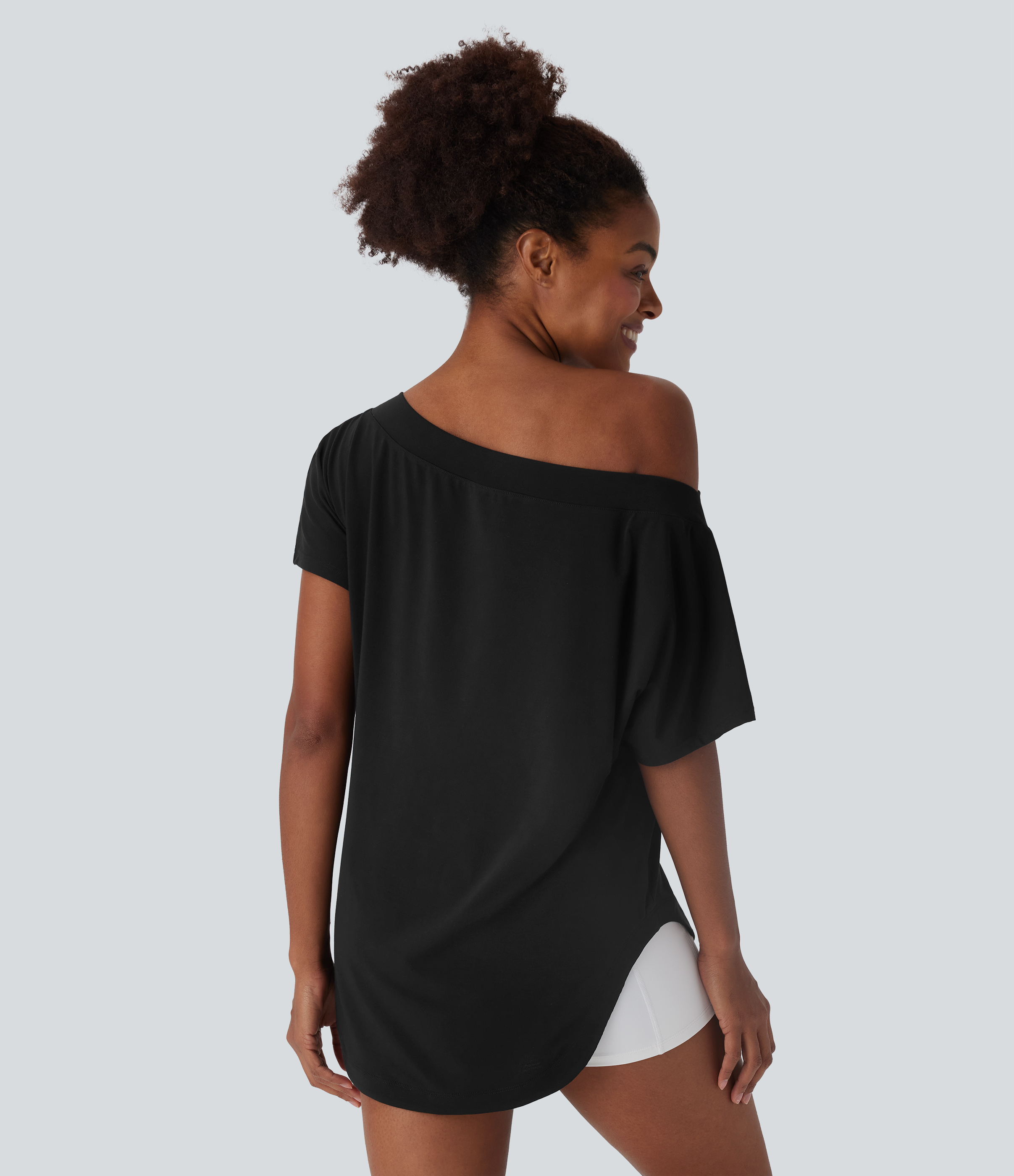 Black One Shoulder Short Sleeve Curved Hem High Low Quick Dry Yoga Sports Top / 2