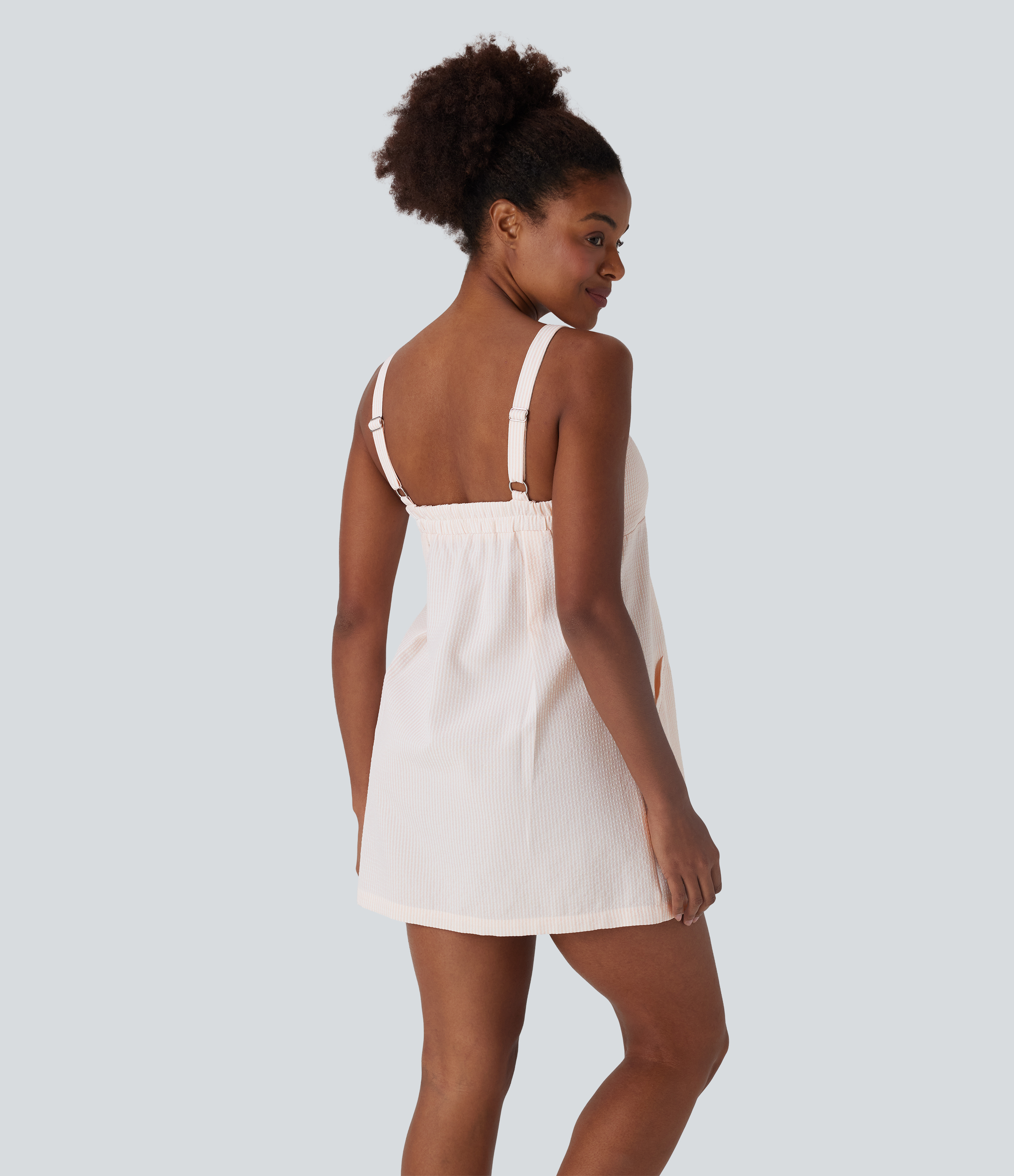 Light Pink White Stripe Vestido mini de playa a rayas con espalda descubierta y bolsillos / 2