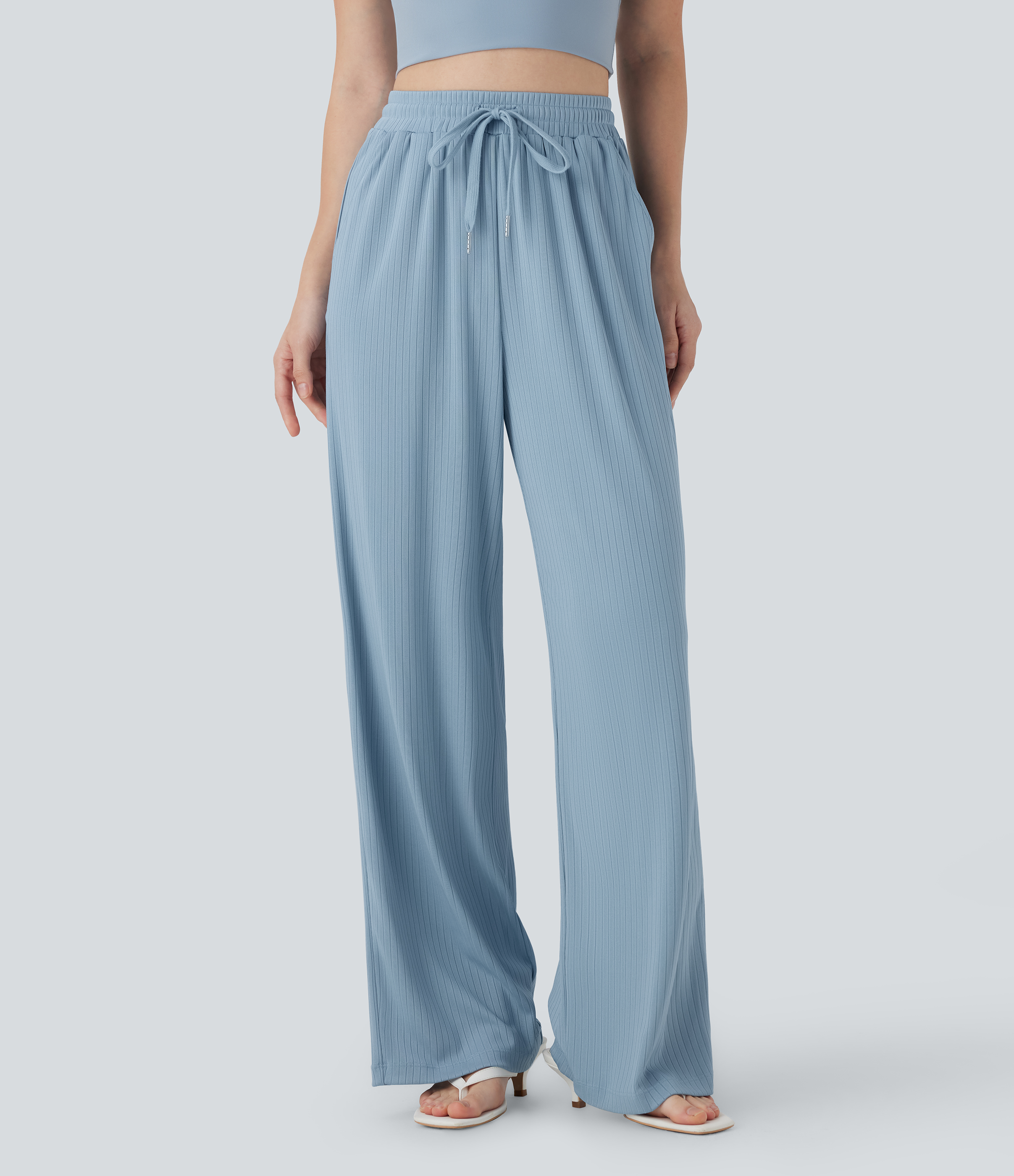 Ribbed Knit High Waisted Drawstring Straight Leg Casual Trousers with Side Pockets