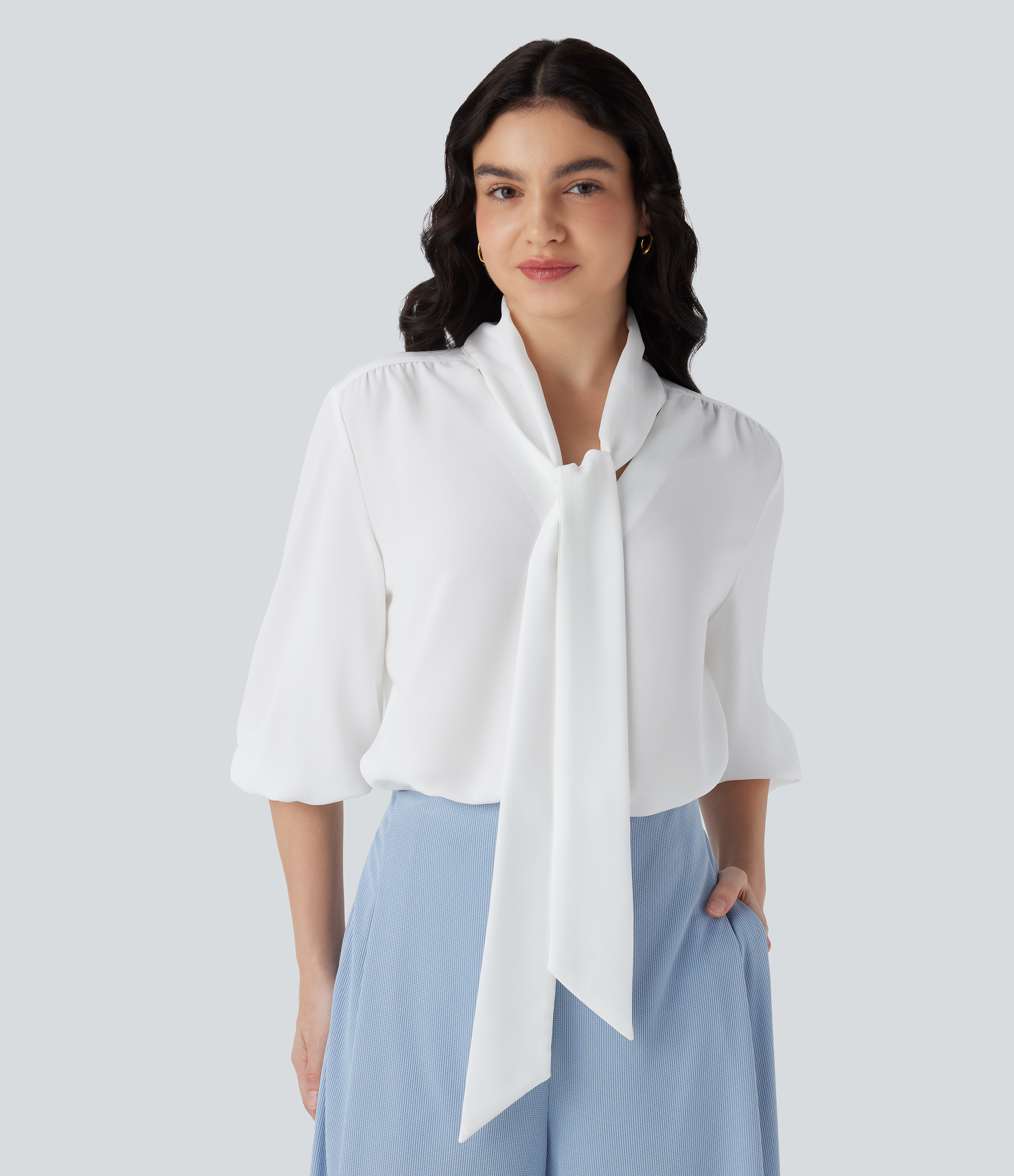 V Neck Tie Front 3/4 Sleeve Work Shirt