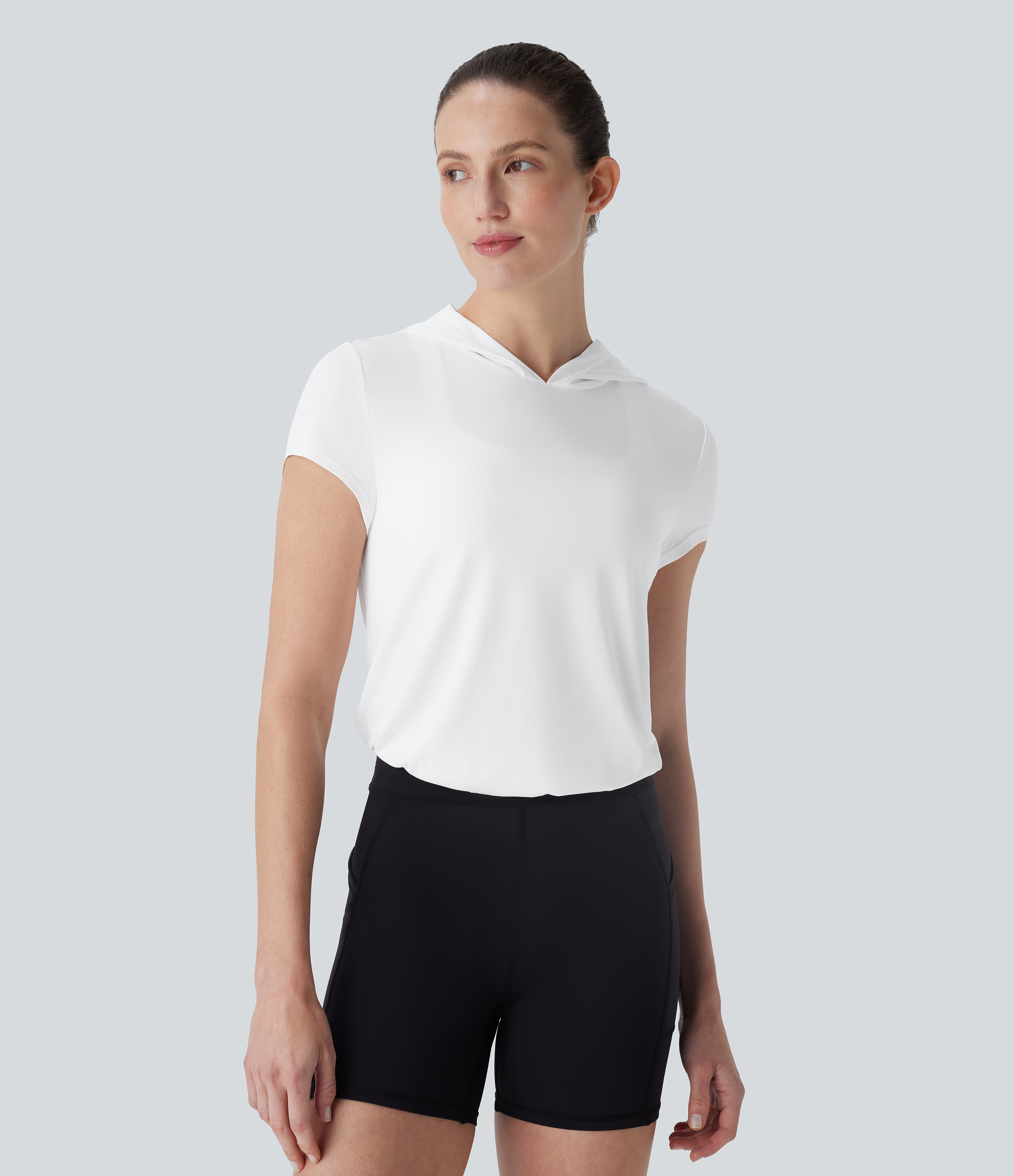 Blanco Top deportivo de yoga con capucha y mangas cortas recortadas / 2
