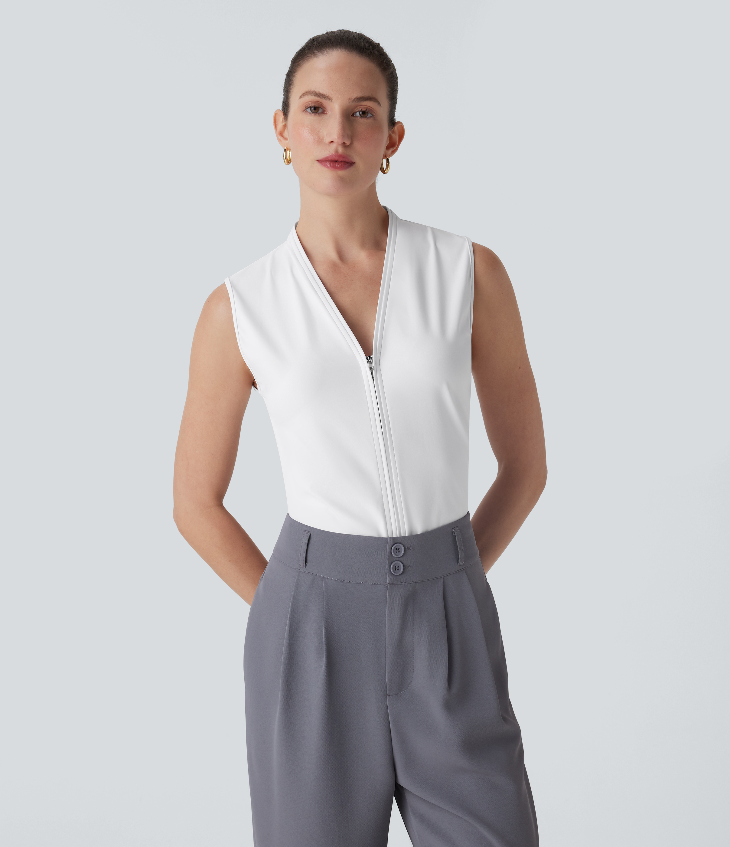 SoftlyZero™ Airy V Neck Zipper Sleeveless Cool Touch Work Blouse-UPF50+