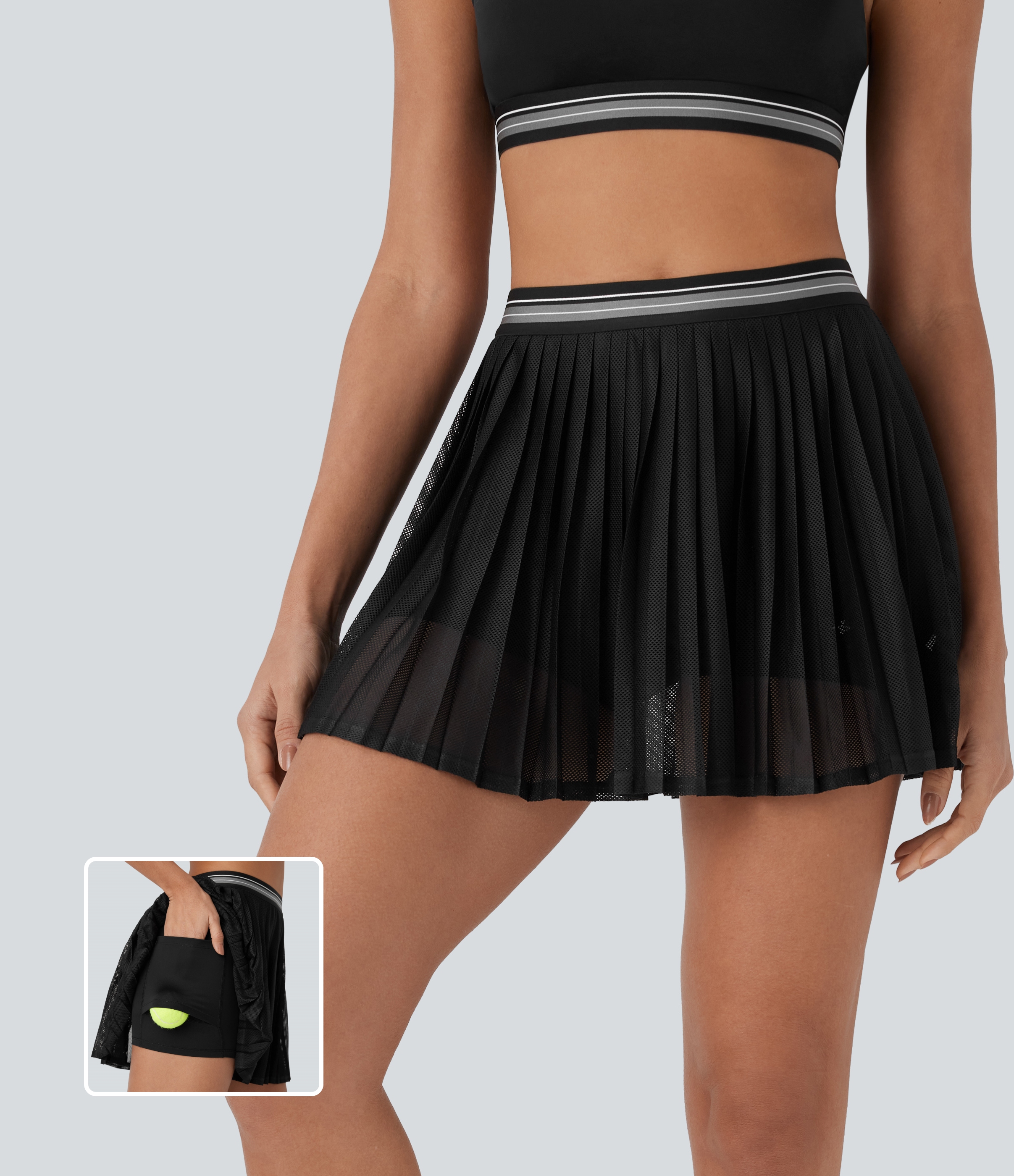 High Waisted Color Block 2-in-1 Pocket Cut Out Pleated  Quick Dry Mini Tennis Skirt