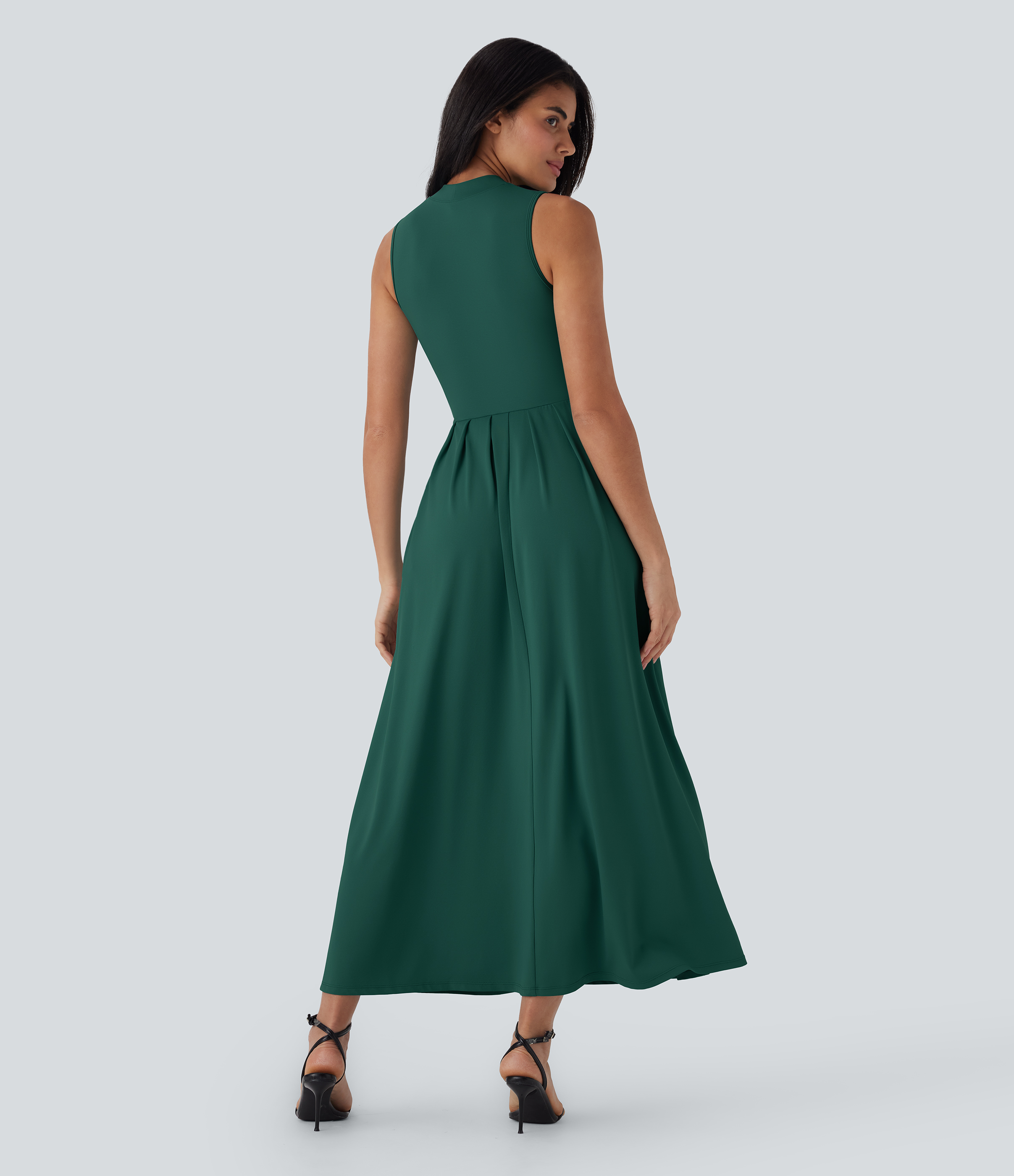 Halara Stand Collar Sleeveless Flare Maxi Casual Dress with Pockets Casual Dress - Rain Forest - M Slip Dress Beach Dress Ruched Dress