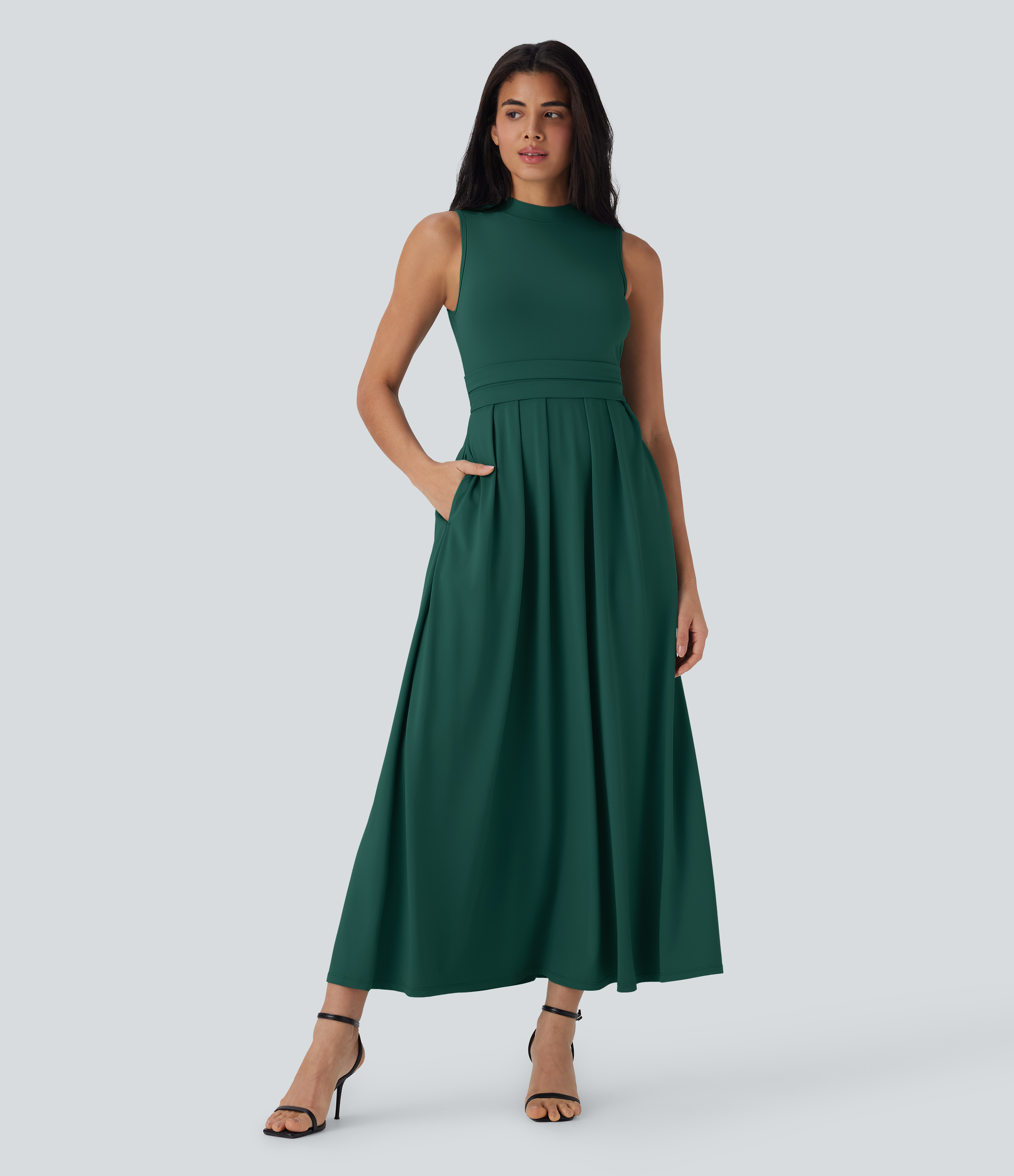 Stand Collar Sleeveless Flare Maxi Casual Dress with Side Pockets