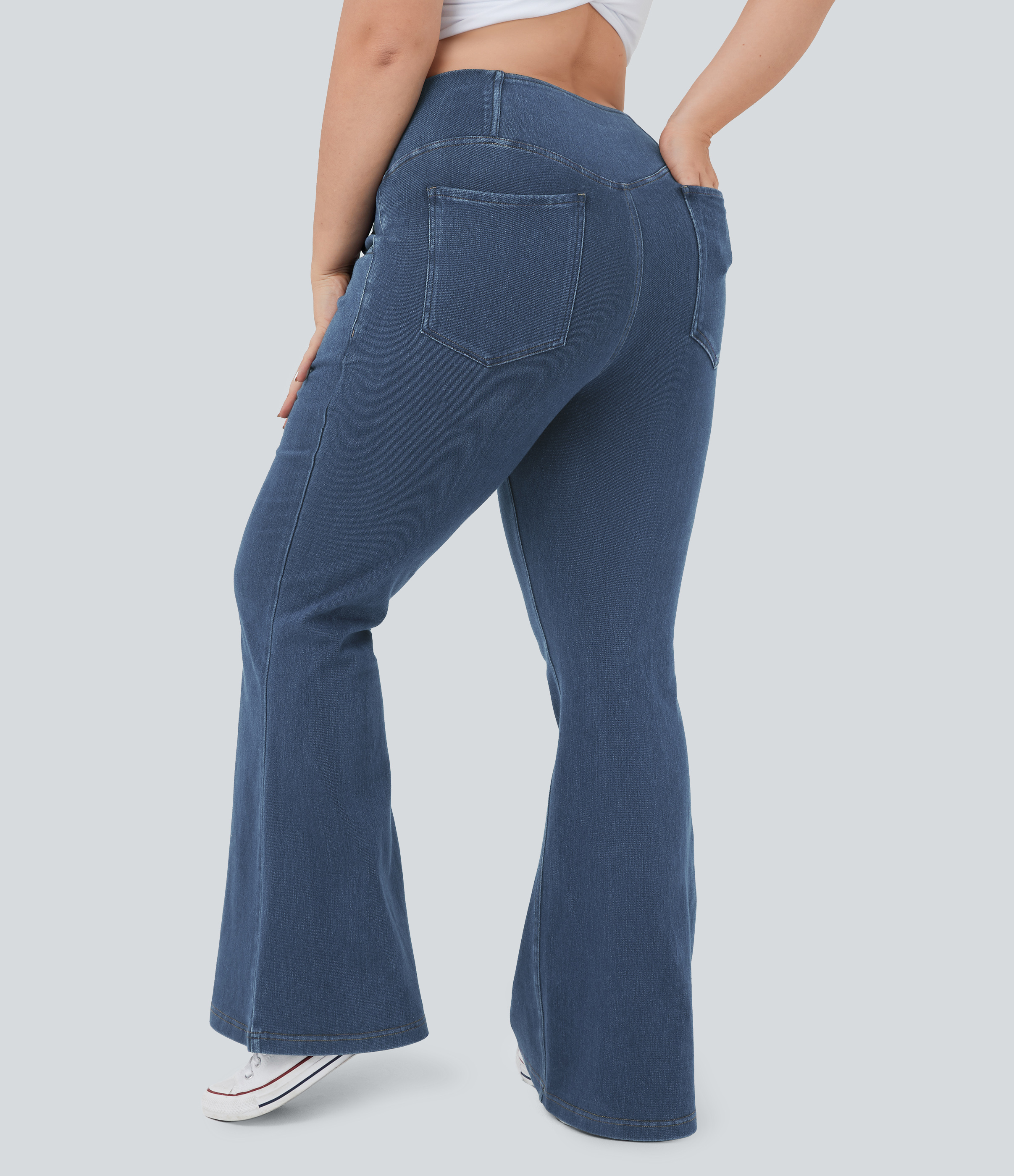 Jeans Halara Flex™ Denim súper acampanado tiro alto bolsillo cruzado tacto fresco tejido elástico lavado transpirable talla grande