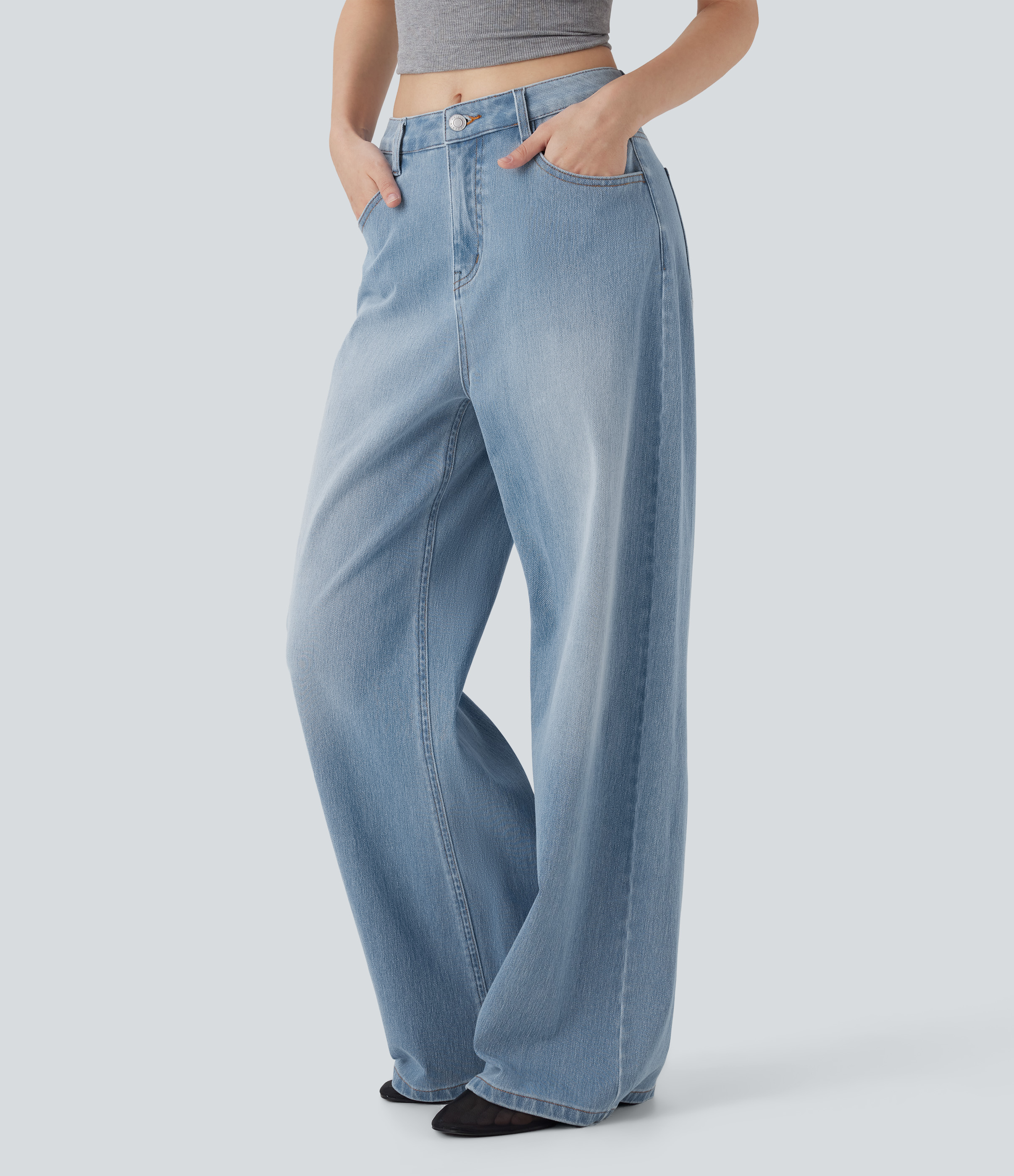 Malibu Blue Denim Halara Flex™ jeans med mellemhøj talje, vasket, løse, med lommer / 1
