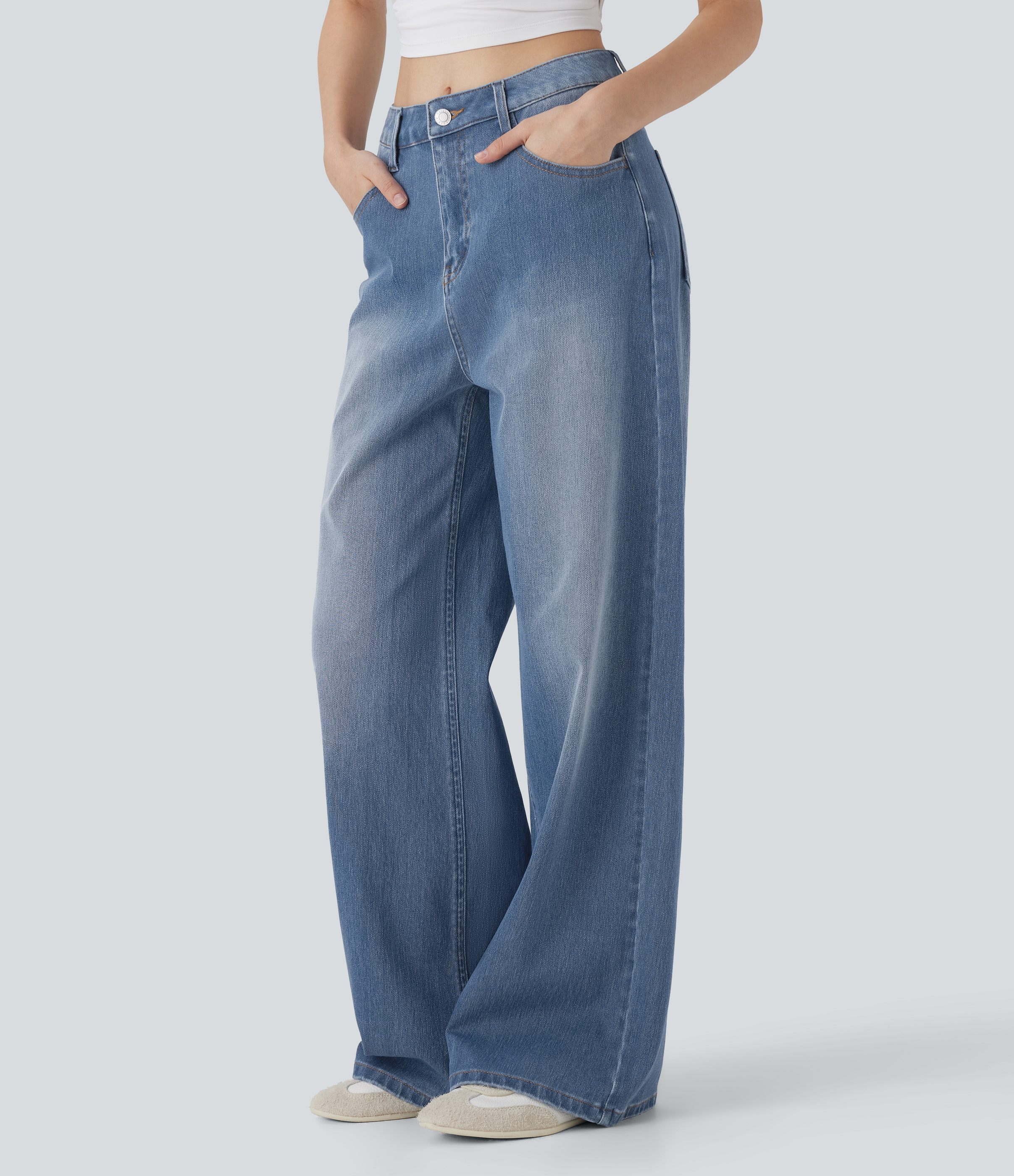 Jeans Baggy Halara Flex™ Denim vaquero holgado elástico lavado tiro medio bolsillo