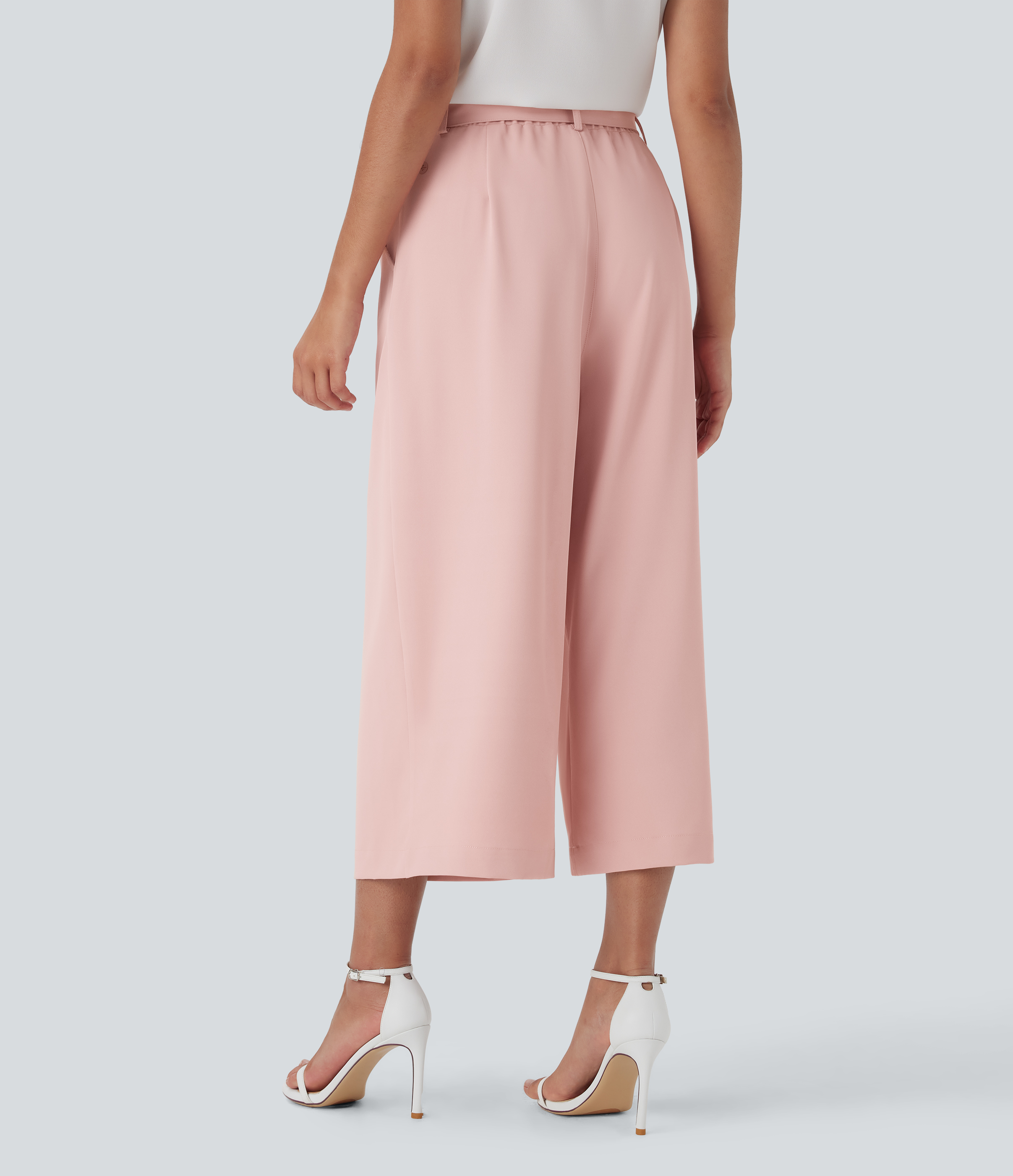 Peachskin Pantalones de oficina anchos de tiro alto con cremallera invisible, cinturón y bolsillos / 2