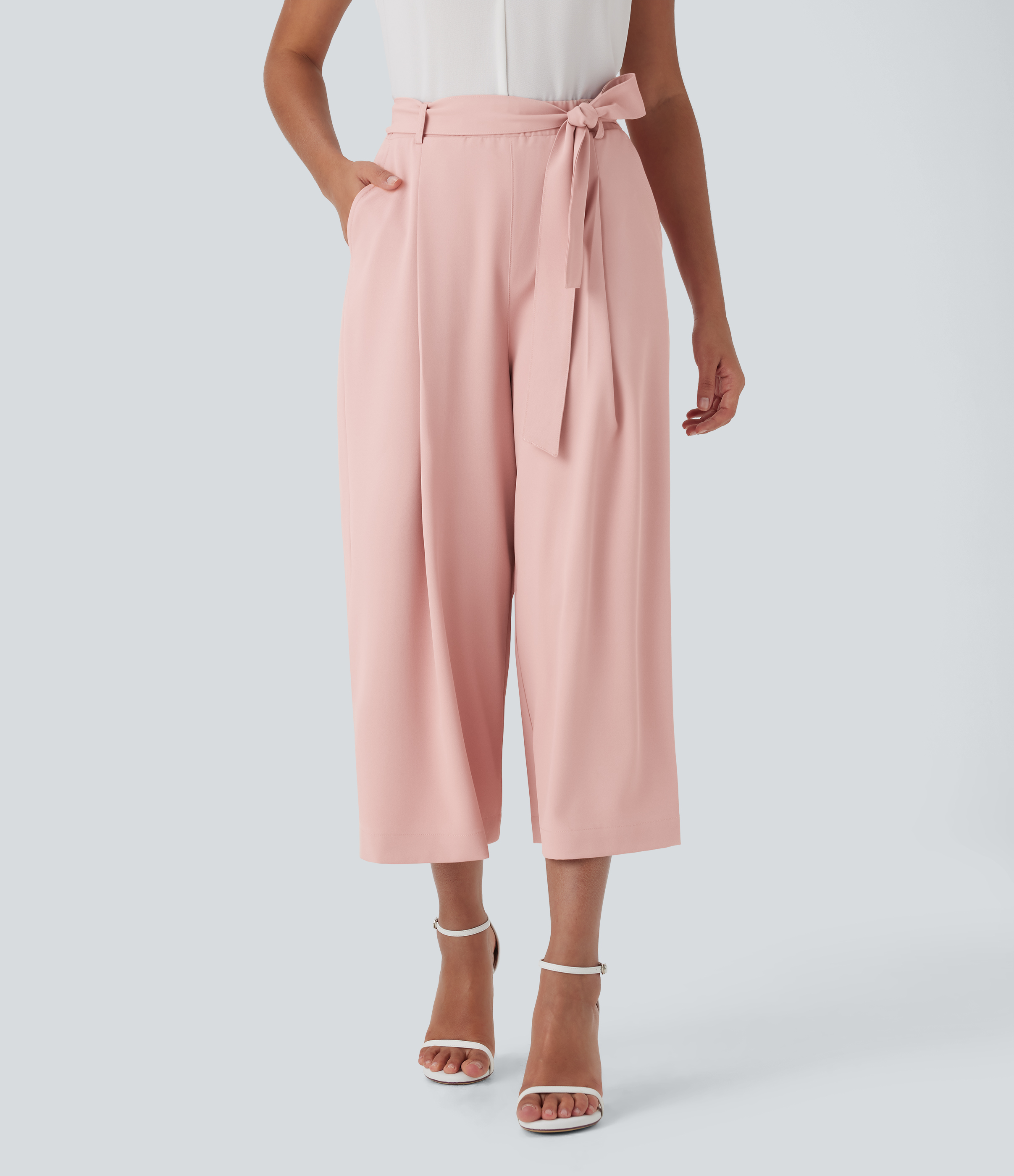 Peachskin Pantalones de oficina anchos de tiro alto con cremallera invisible, cinturón y bolsillos / 1
