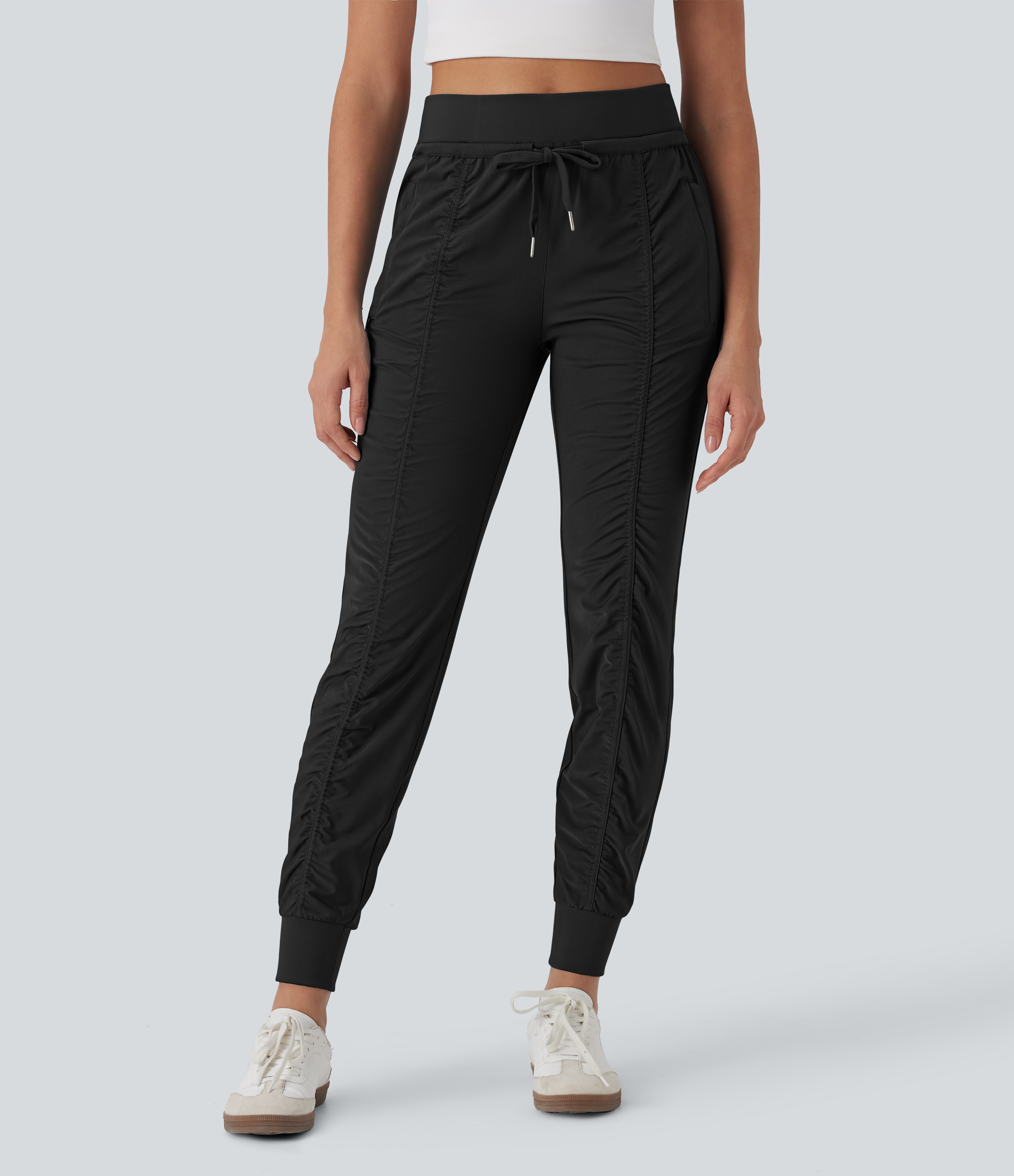 High Waisted Drawstring Tapered Travel Joggers with Side Zip Pockets