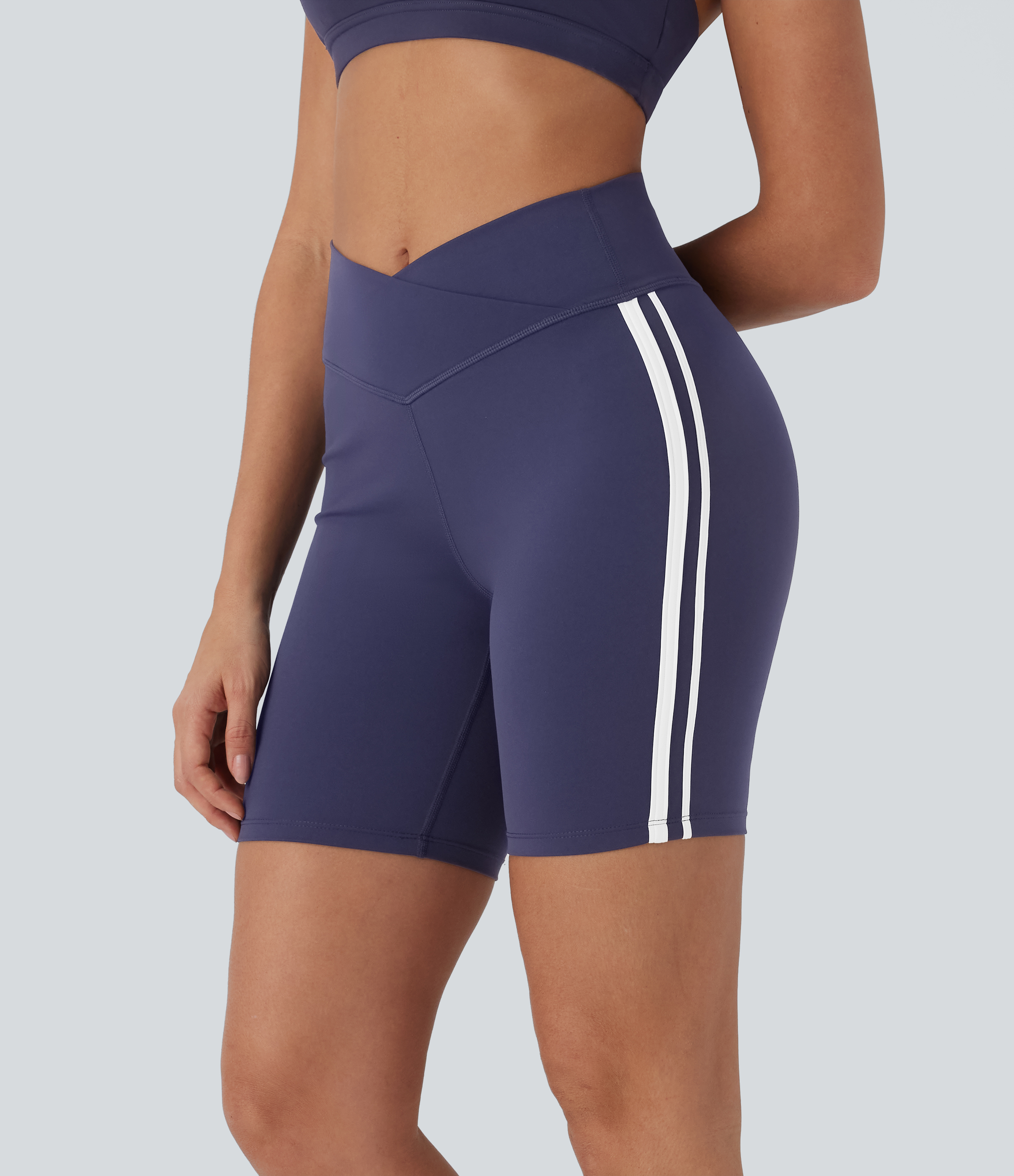 Crossover Mid Rise Color Block Stripe Yoga Bike Running Shorts 7''