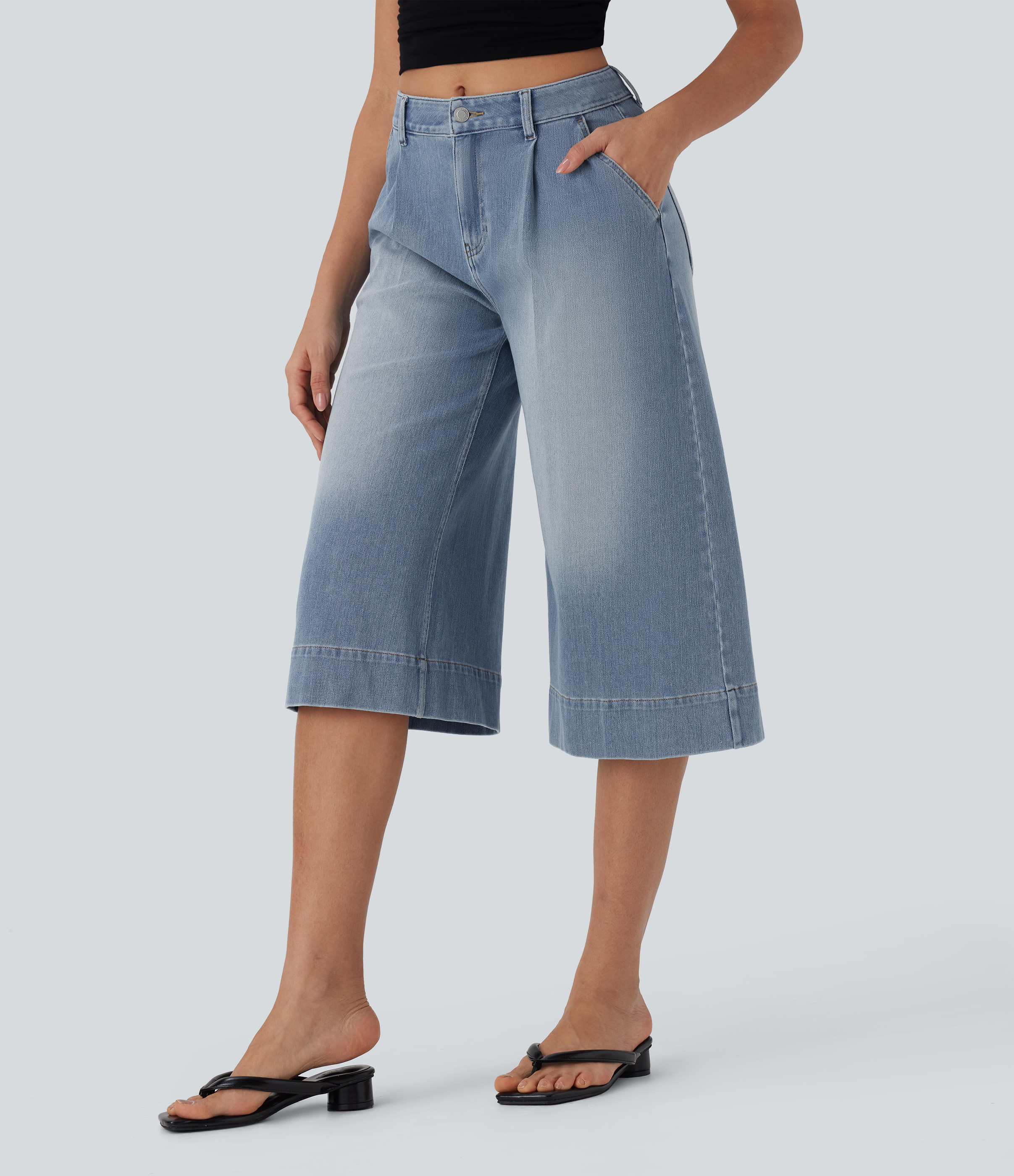 Malibu Blue Denim Halara Flex™ Mid Rise Capri – laisvi, plačiomis kojomis, skalbinti džinsai su kišenėmis / 1