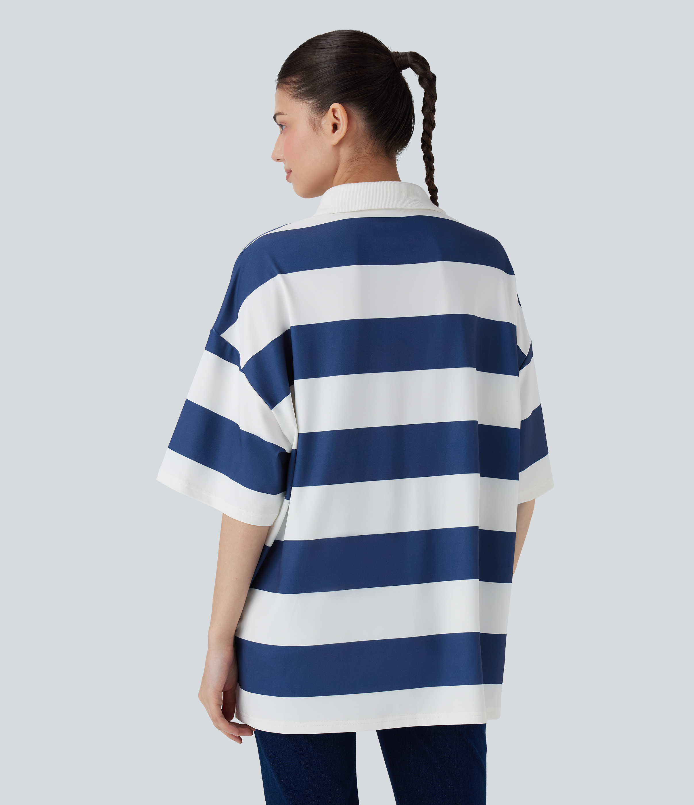 Blue White Stripes Polokragen Schulter-Dropped Colorblock Streifen Oversize Lässiges T-Shirt / 2