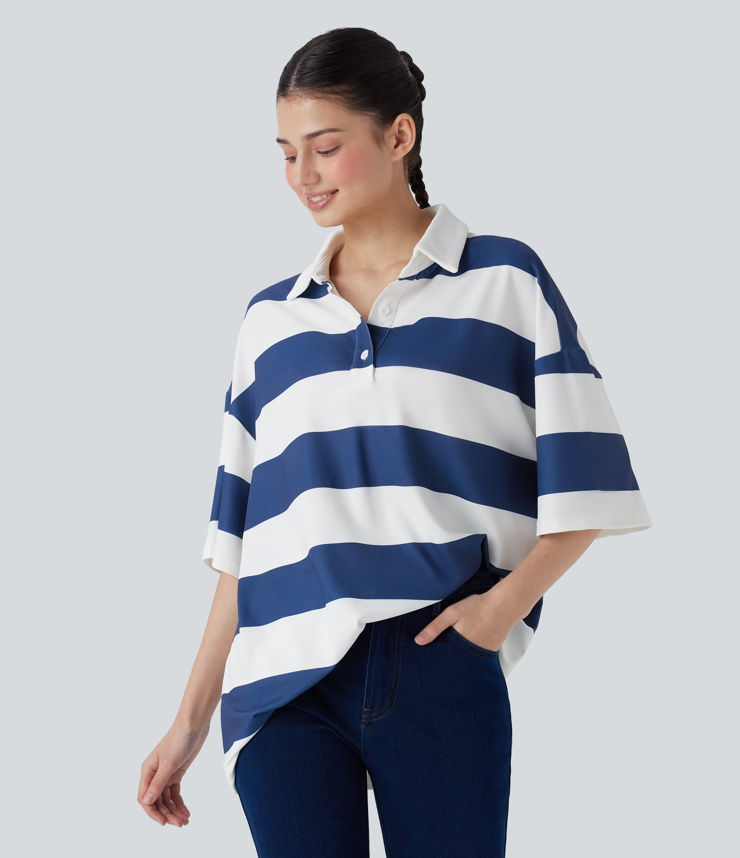 Blue White Stripes Polokragen Schulter-Dropped Colorblock Streifen Oversize Lässiges T-Shirt / 1
