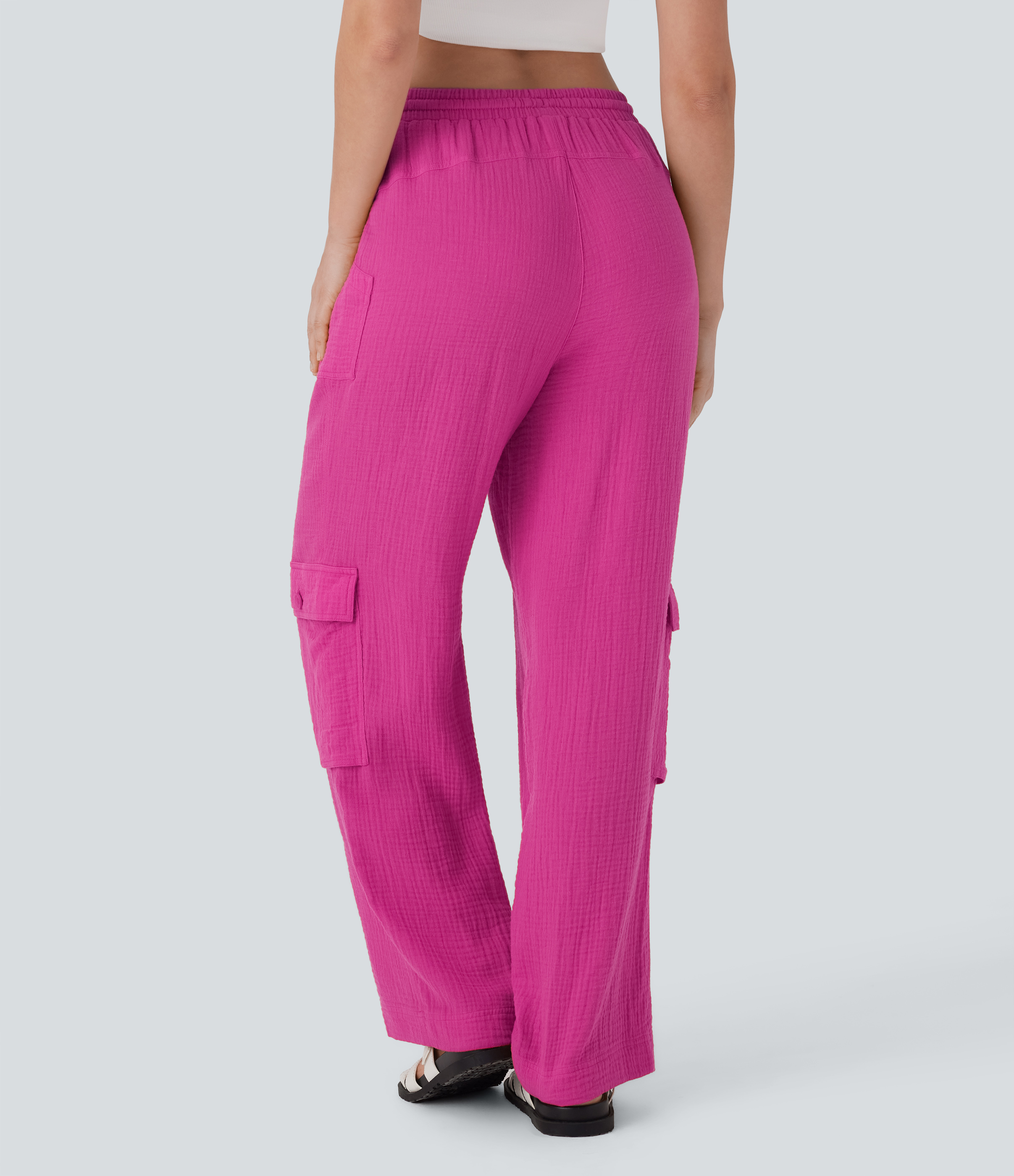 Fuchsia Fedora Pantalones cargo casuales de algodón con tiro alto, cordón ajustable y pierna ancha con bolsillos / 2