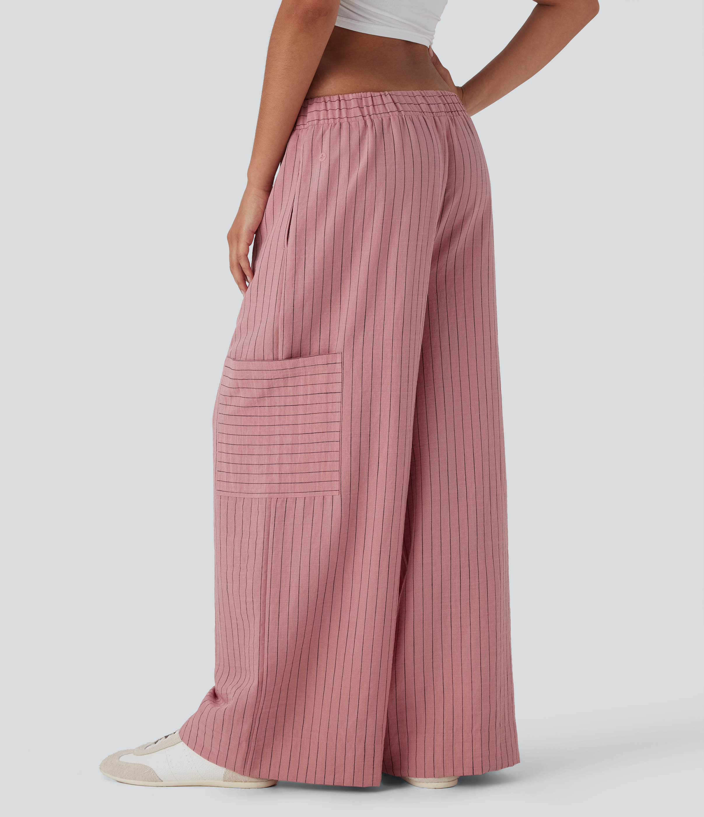 Candy Pink Black Yarn Dye Stripes Pantalones casuales y anchos de lino a rayas con tiro bajo, cordón ajustable y múltiples bolsillos / 2