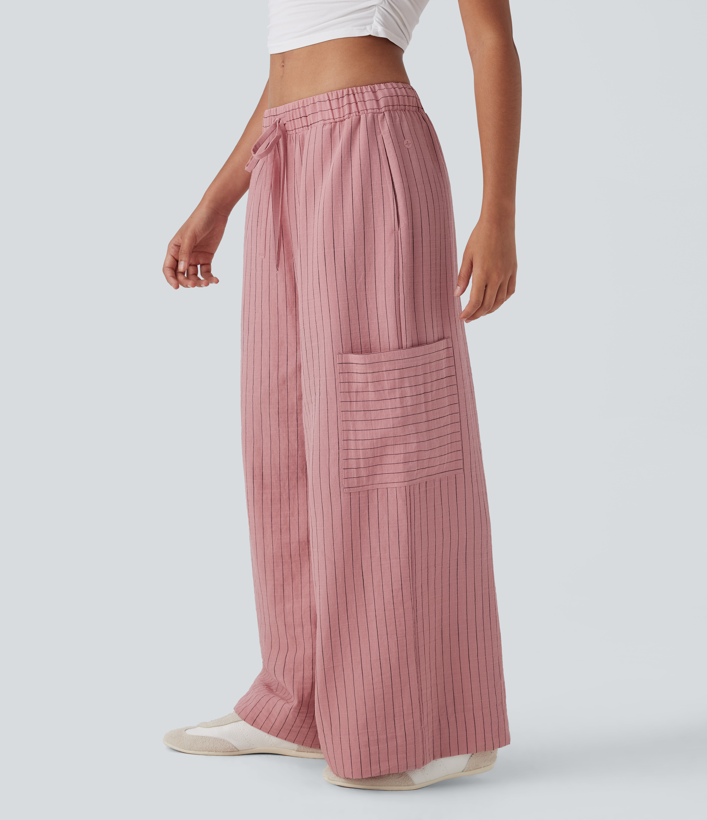 Low Rise Drawstring Wide Leg Stripe Casual Linen-Feel Trousers with Multiple Pockets