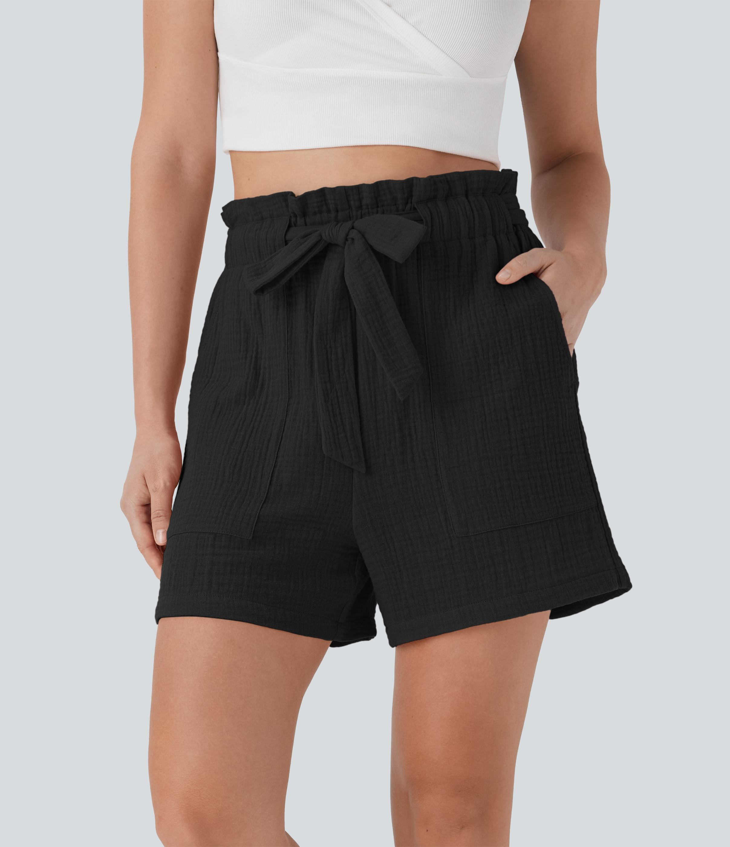 Black Paper Bag High Waisted Tie Front Casual Cotton Shorts with Pockets / 1