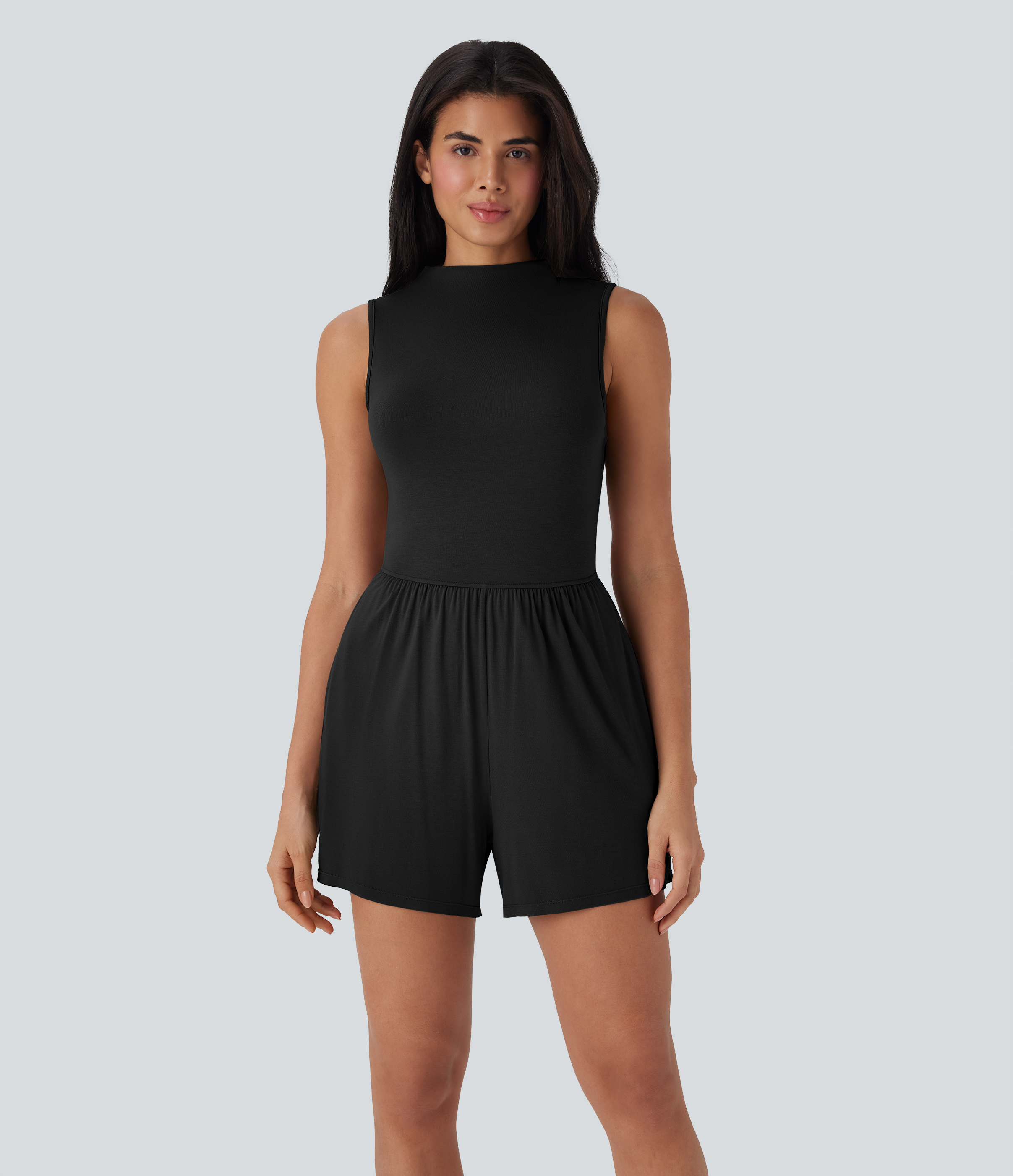 Schwarz Ärmelloser, rückenfreier Freizeit-Jumpsuit mit Seitentaschen und Stehkragen - Easy Peezy / 2