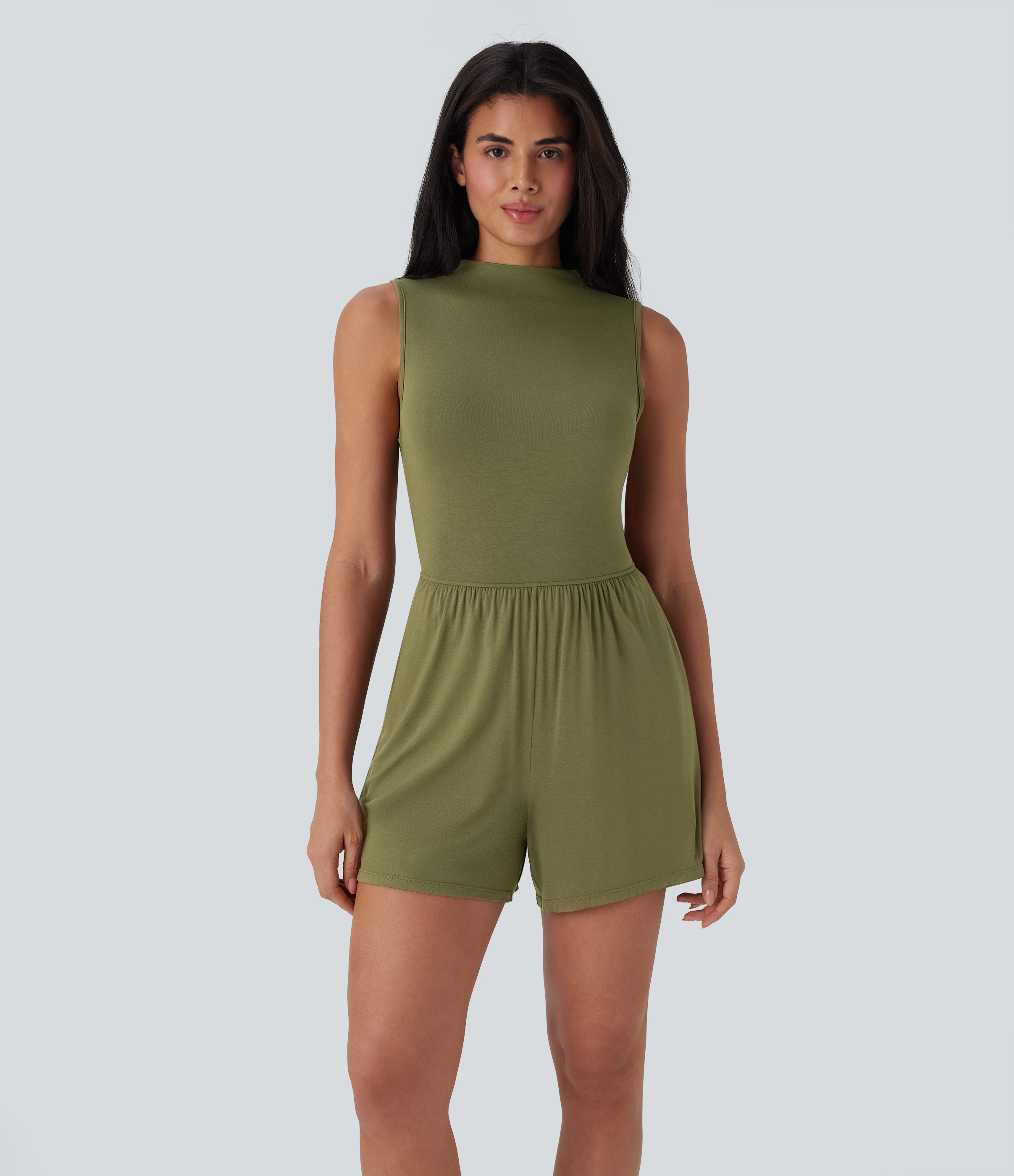 Olive Drab Mono casual sin mangas con cuello alto y espalda descubierta con bolsillos - Easy Peezy / 2
