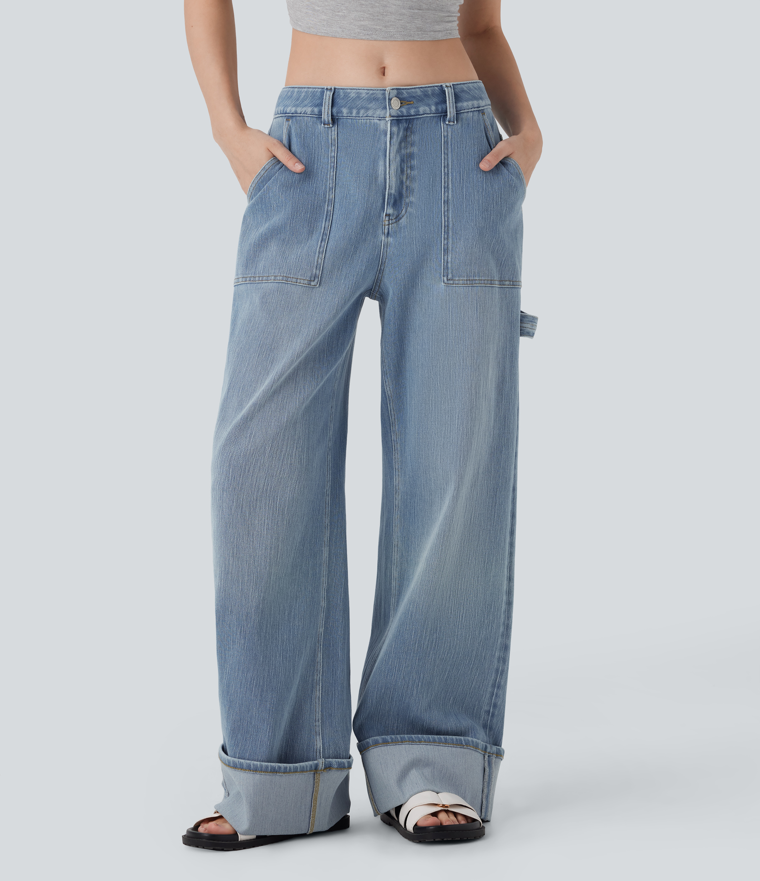 Jeans holgado Baggy Halara Flex™ Denim elástico estilo desgastado con dobladillo enrollado y tiro bajo con bolsillos