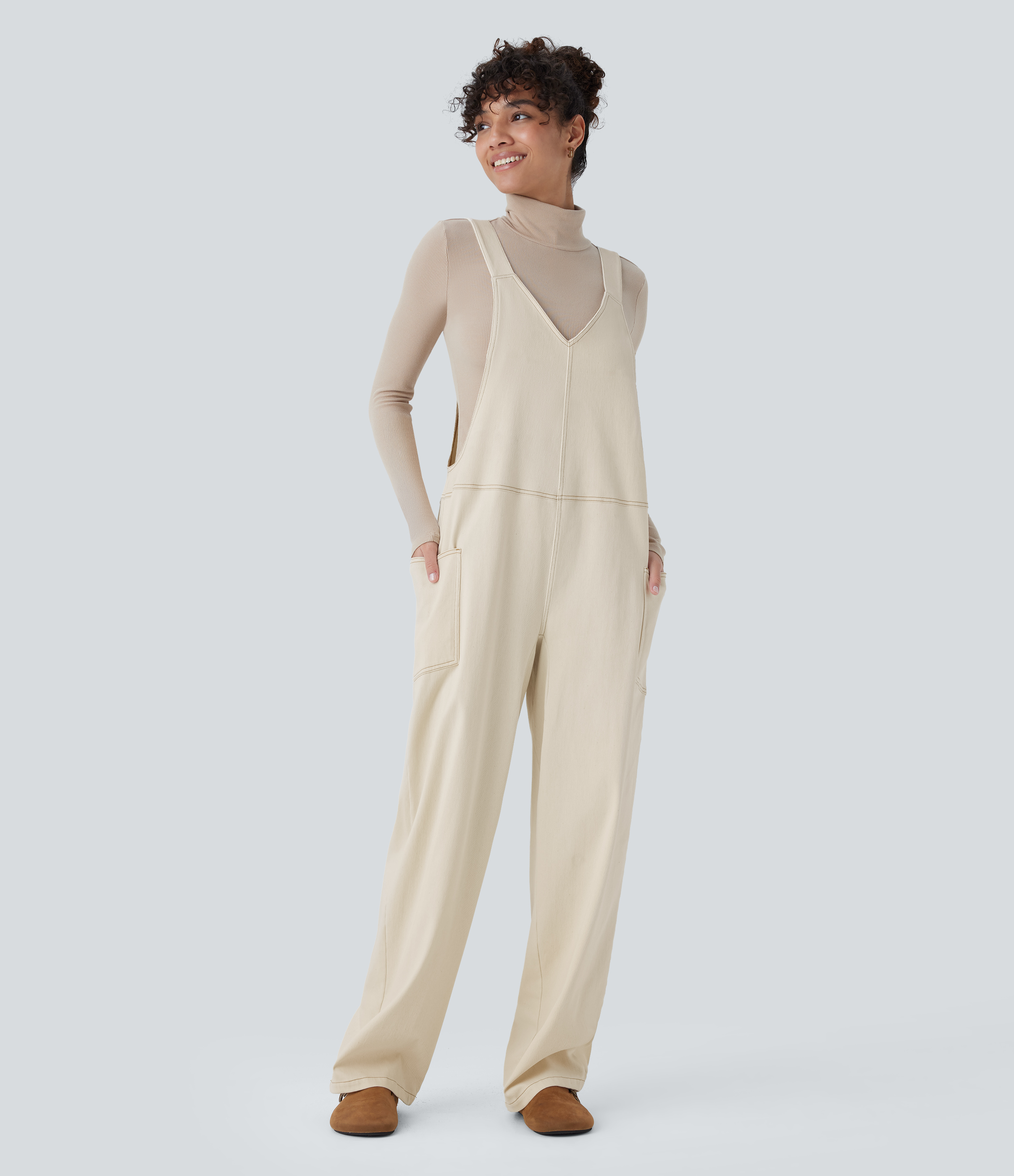 Halara Flex™ V Neck Pocket Washed Denim Casual Overalls