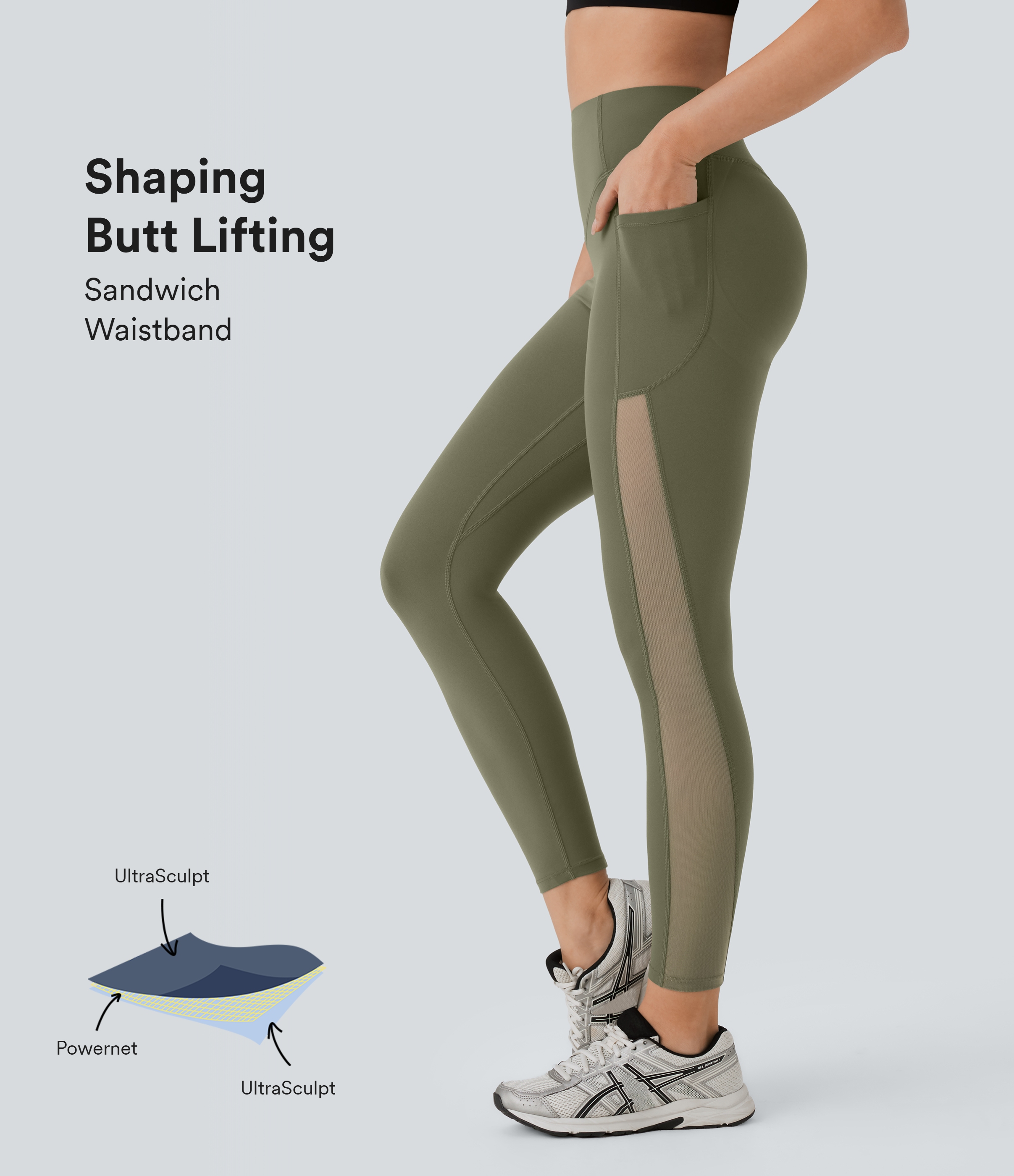 Grass Grey Green Leggings SoCinched Halara UltraSculpt™ deportiva tiro alto realce glúteos control abdomen bolsillo lateral malla contrastante / 1