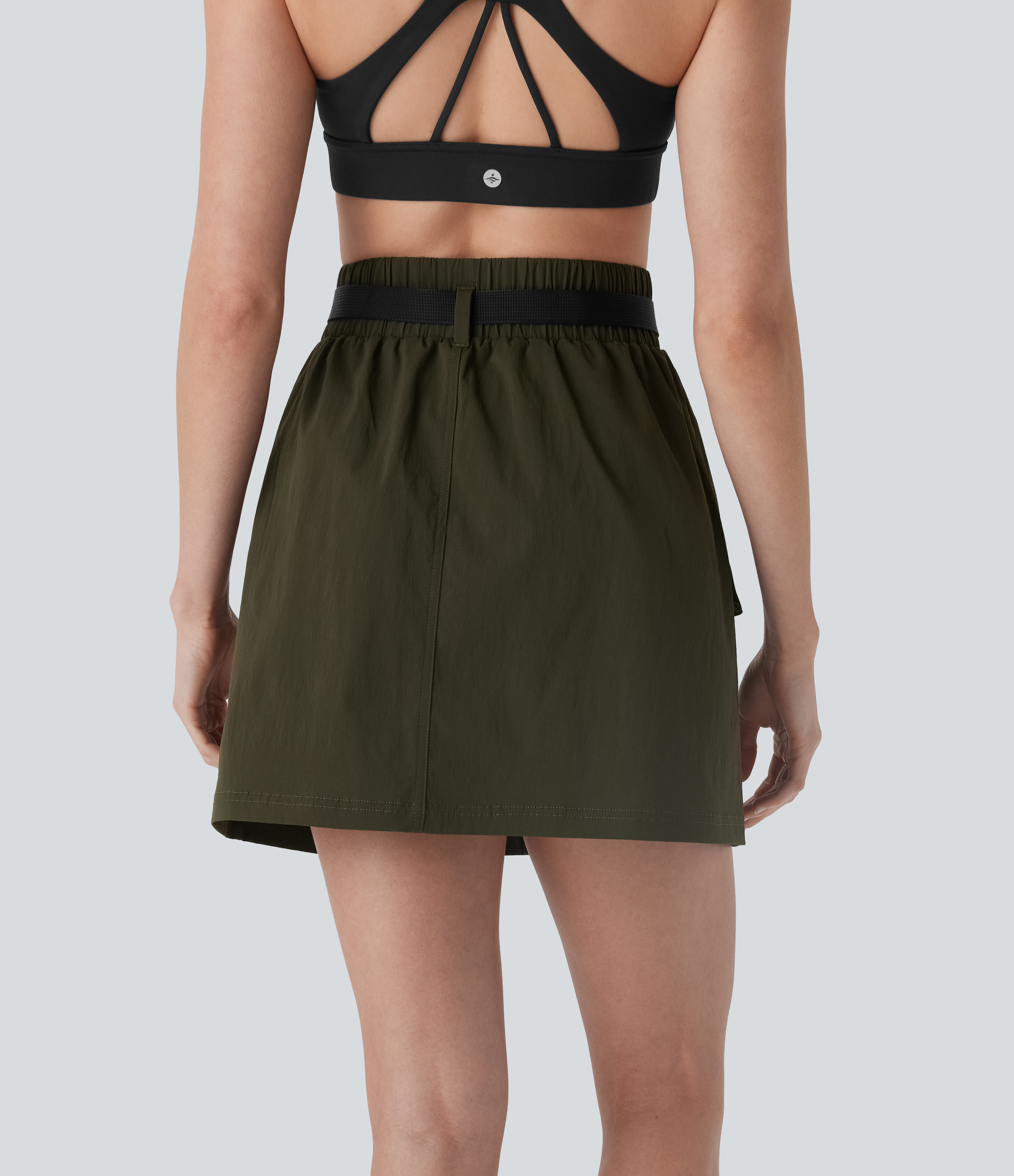 Twilight Green Falda mini cargo de tiro alto para camping repelente al agua con cinturón y cremallera en corte A con bolsillos / 2