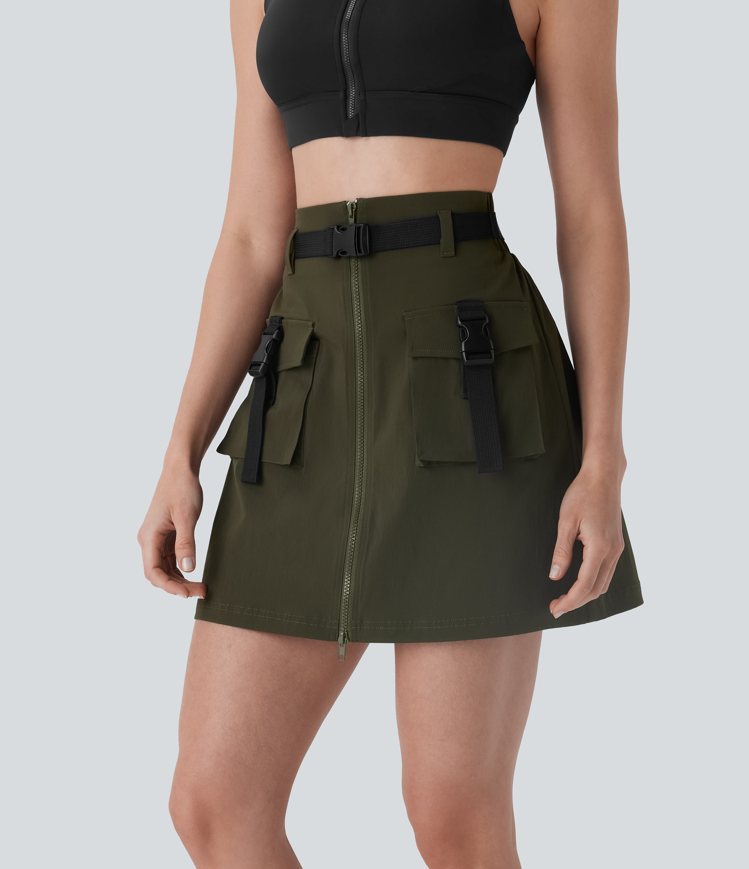 Water Repellent Super High Waisted Belted Zipper Mini A-line Ripstop Camping Cargo Skirt with Pockets
