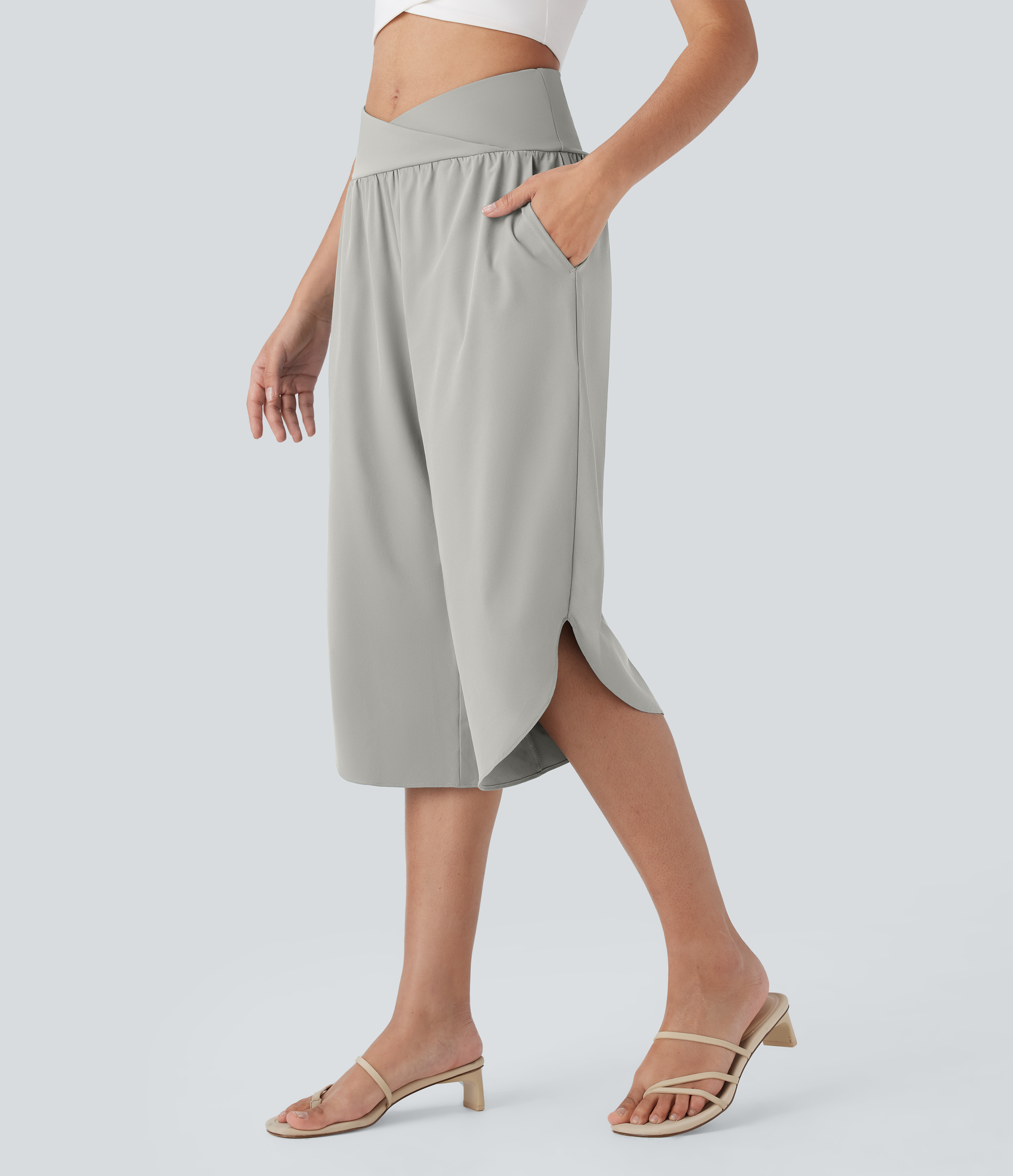 Dust Gray Breezeful™ High Waisted Crossover Pocket Quick Dry Capri Pants / 2