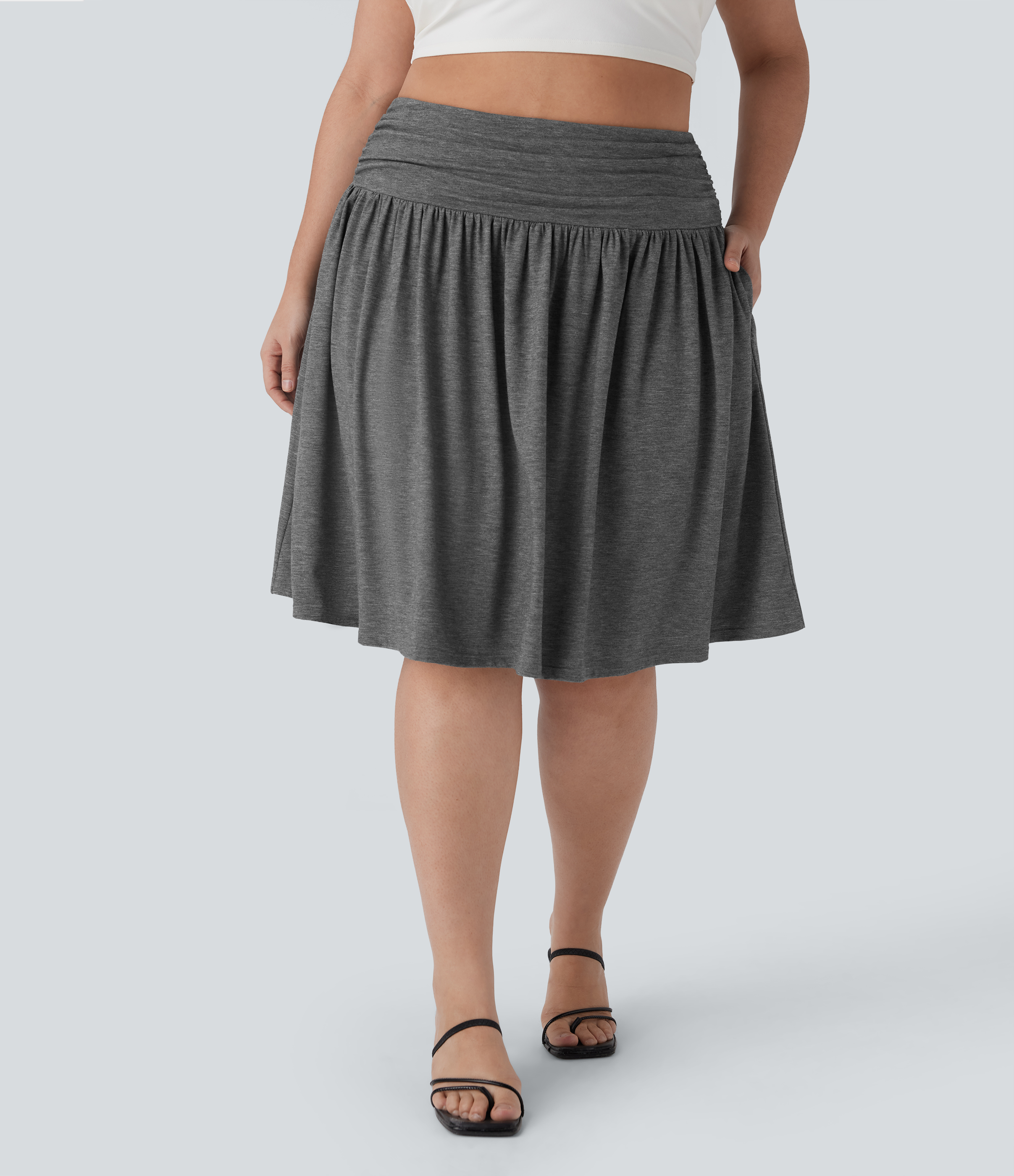 High Waisted Ruched Flowy Plus Size Skirt with Pockets