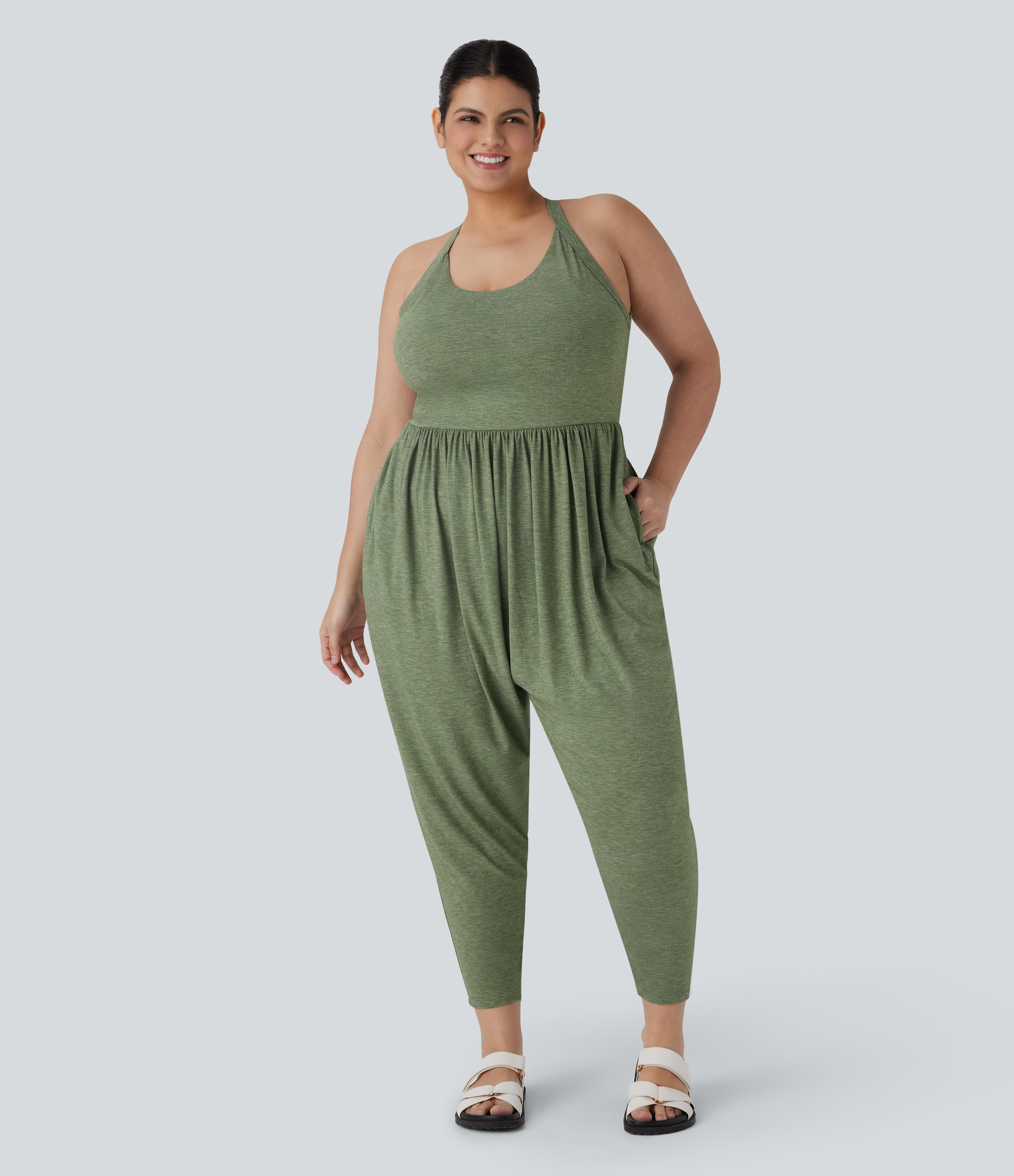 Light Green Floral Yarn Mono talla grande sin espalda diseño harén torcido bolsillo lateral - Edición Easy Peezy / 2