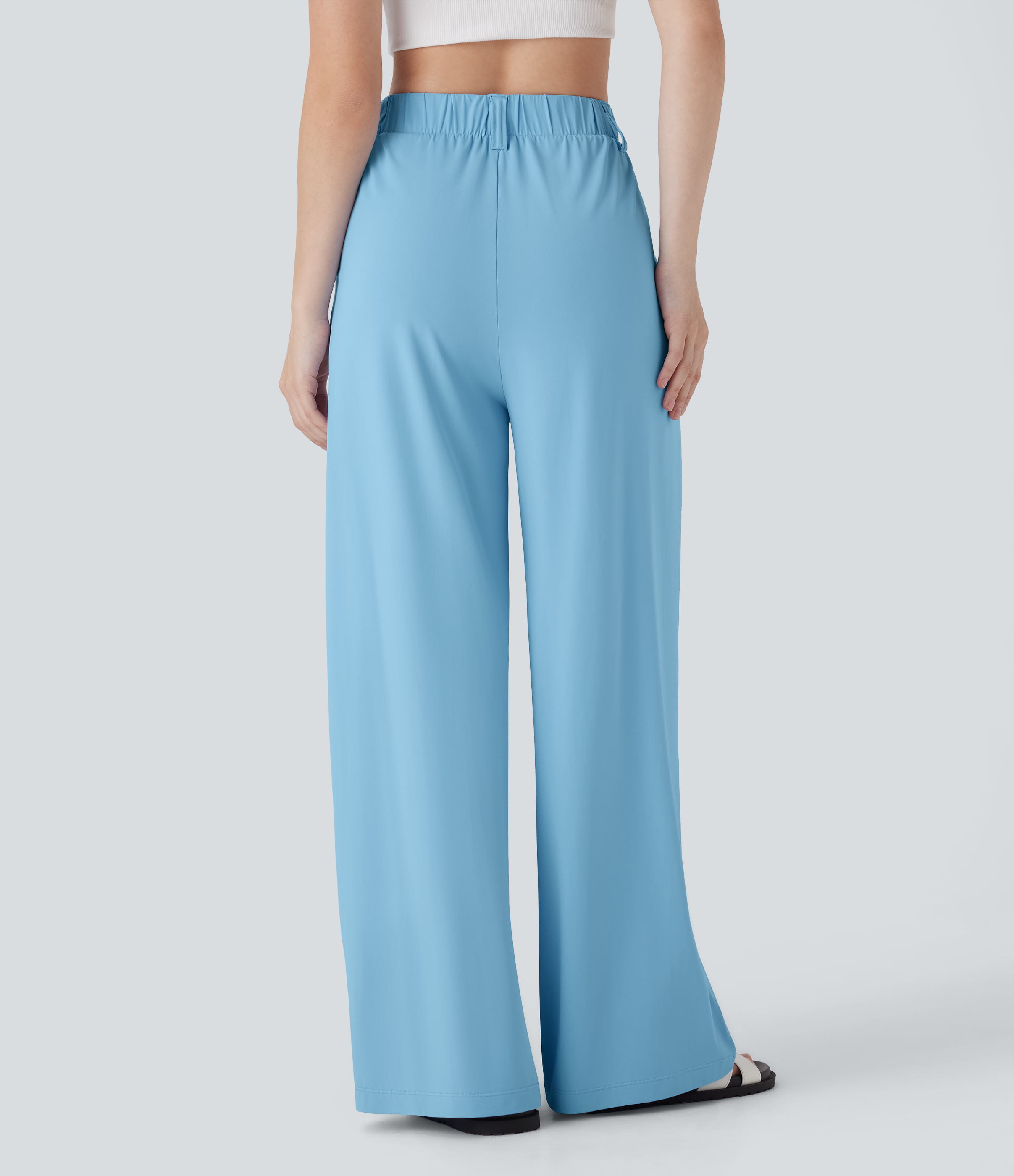 Sky Blue Pantalones casuales de tiro alto con bolsillos laterales, pierna ancha y tacto fresco - UPF50+ / 2