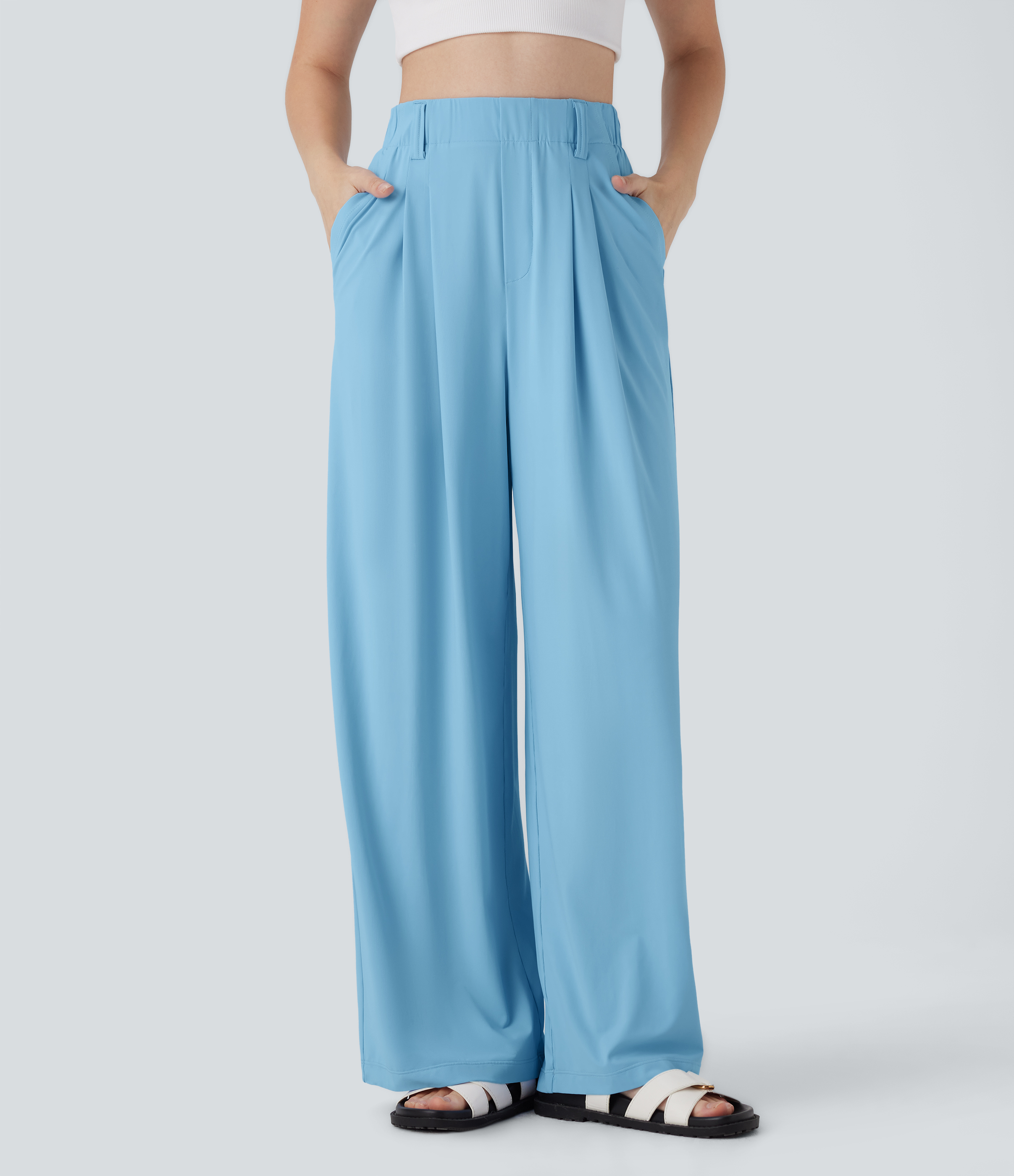 Pantalones casuales de tiro alto con bolsillos laterales, pierna ancha y tacto fresco - UPF50+