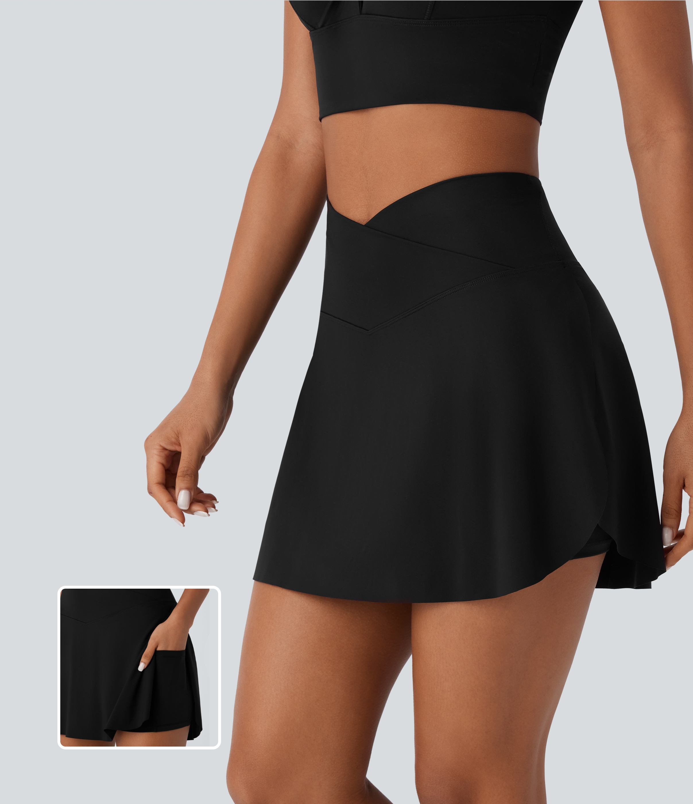 High Waisted Crossover 2-in-1 Pocket Cool Touch Quick Dry Mini Skirt