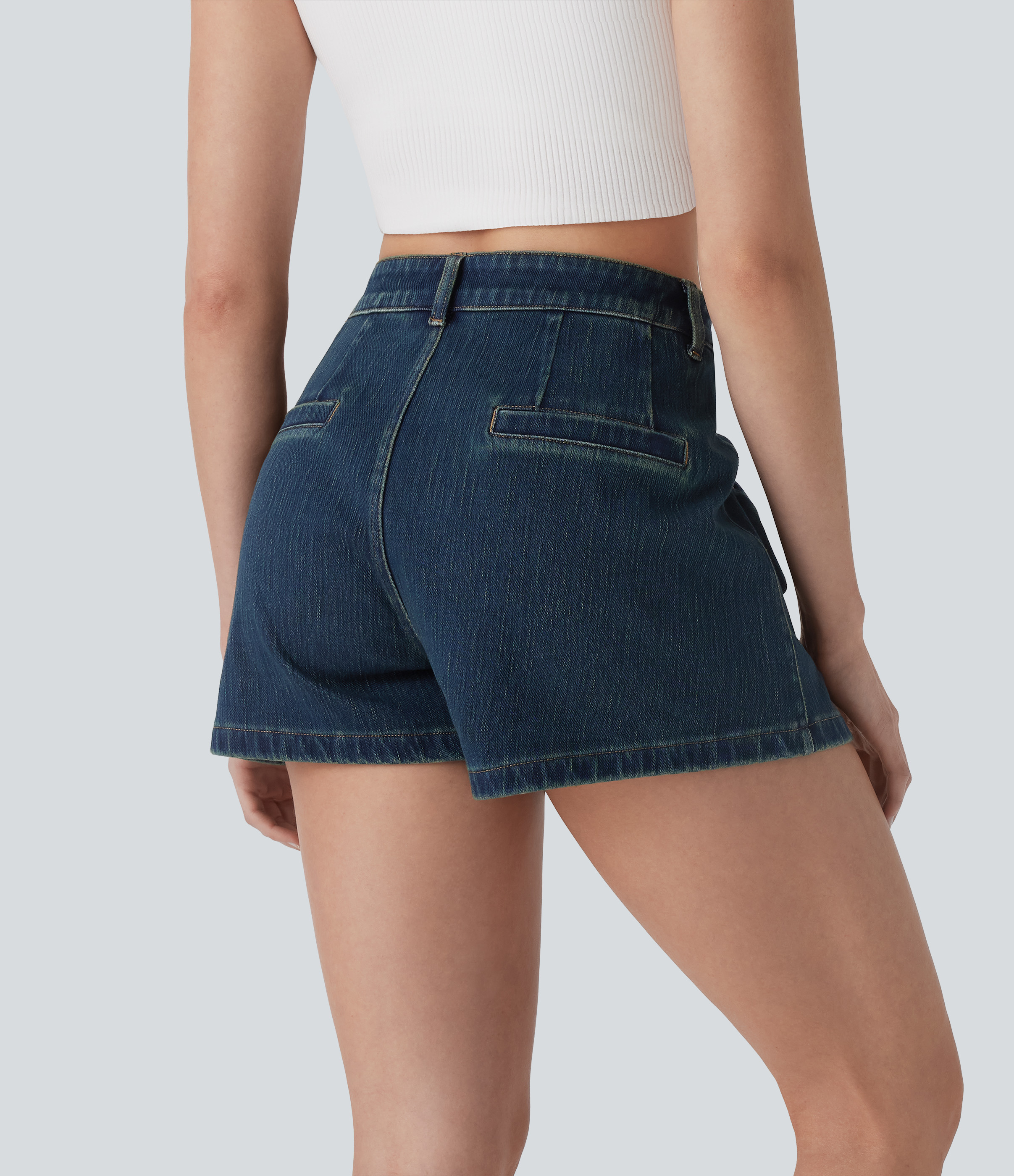 Steel Denim Halara Flex™ Mid Rise Zipper Washed Denim Casual Shorts 3'' with Front Side Bow Pocket / 2