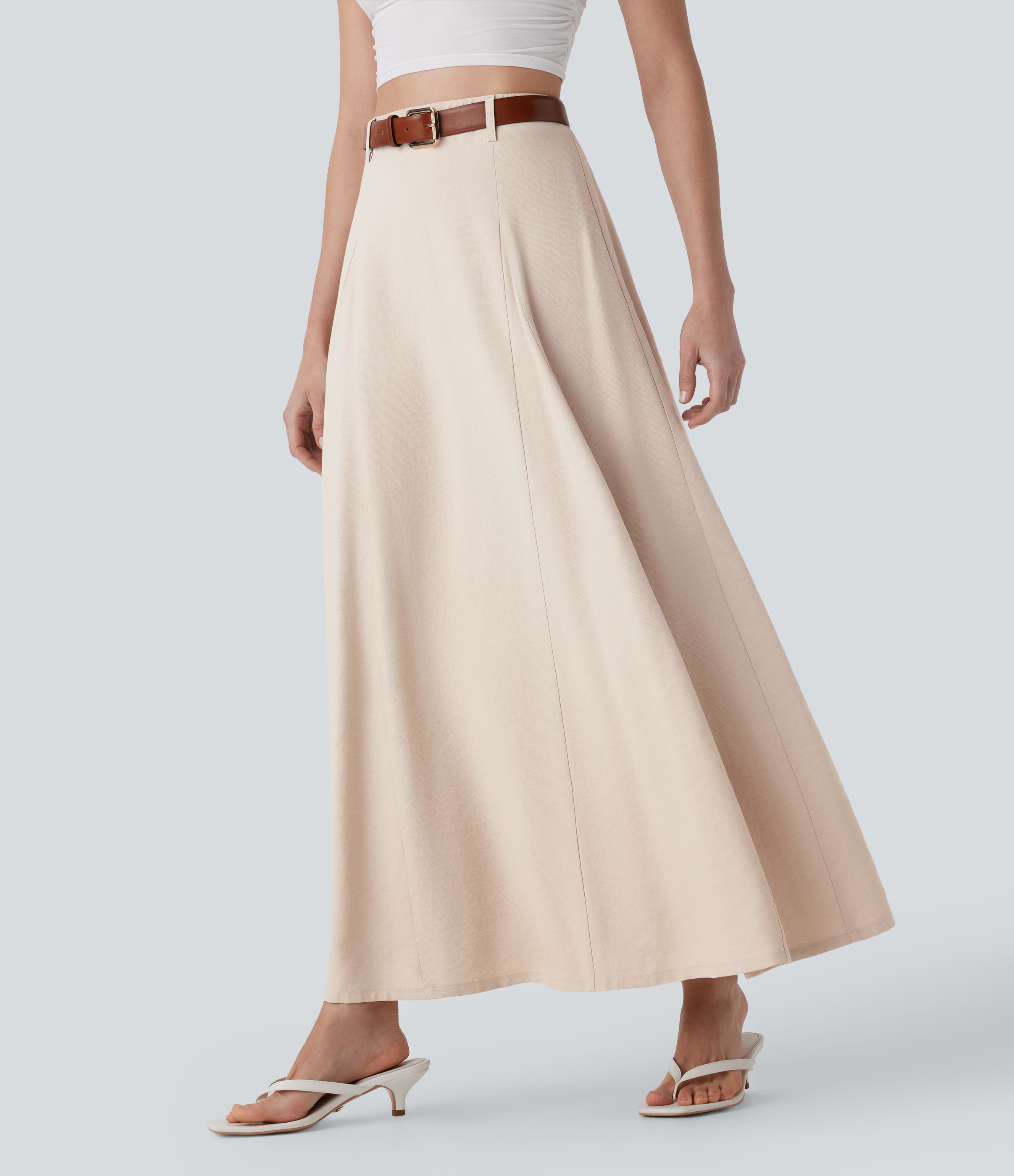 High Waisted Maxi Casual Linen-Feel Flare Skirt