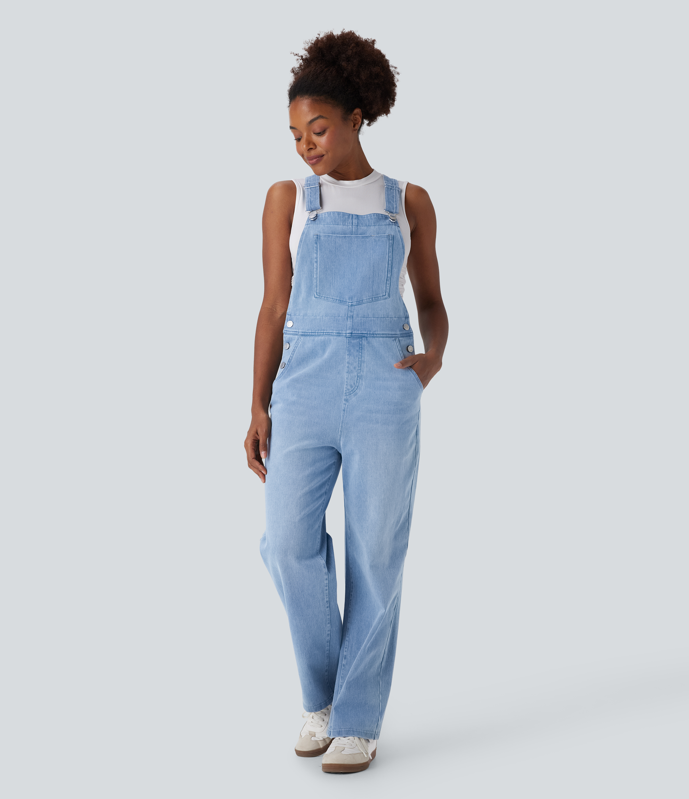 Crushed Ice Blue Denim Overol Halara Flex™ Denim mezclilla elástica tirantes ajustables y múltiples bolsillos / 1