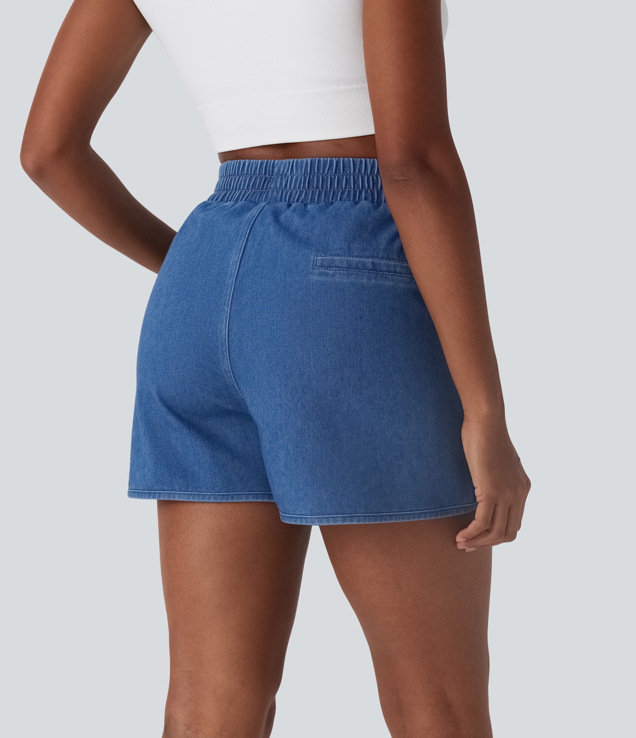 Indigo Mid Blue Denim Shorts Halara Flex™ Denim mezclilla elástico de tiro alto desgastados de tacto fresco con dobladillo y bolsillos / 2
