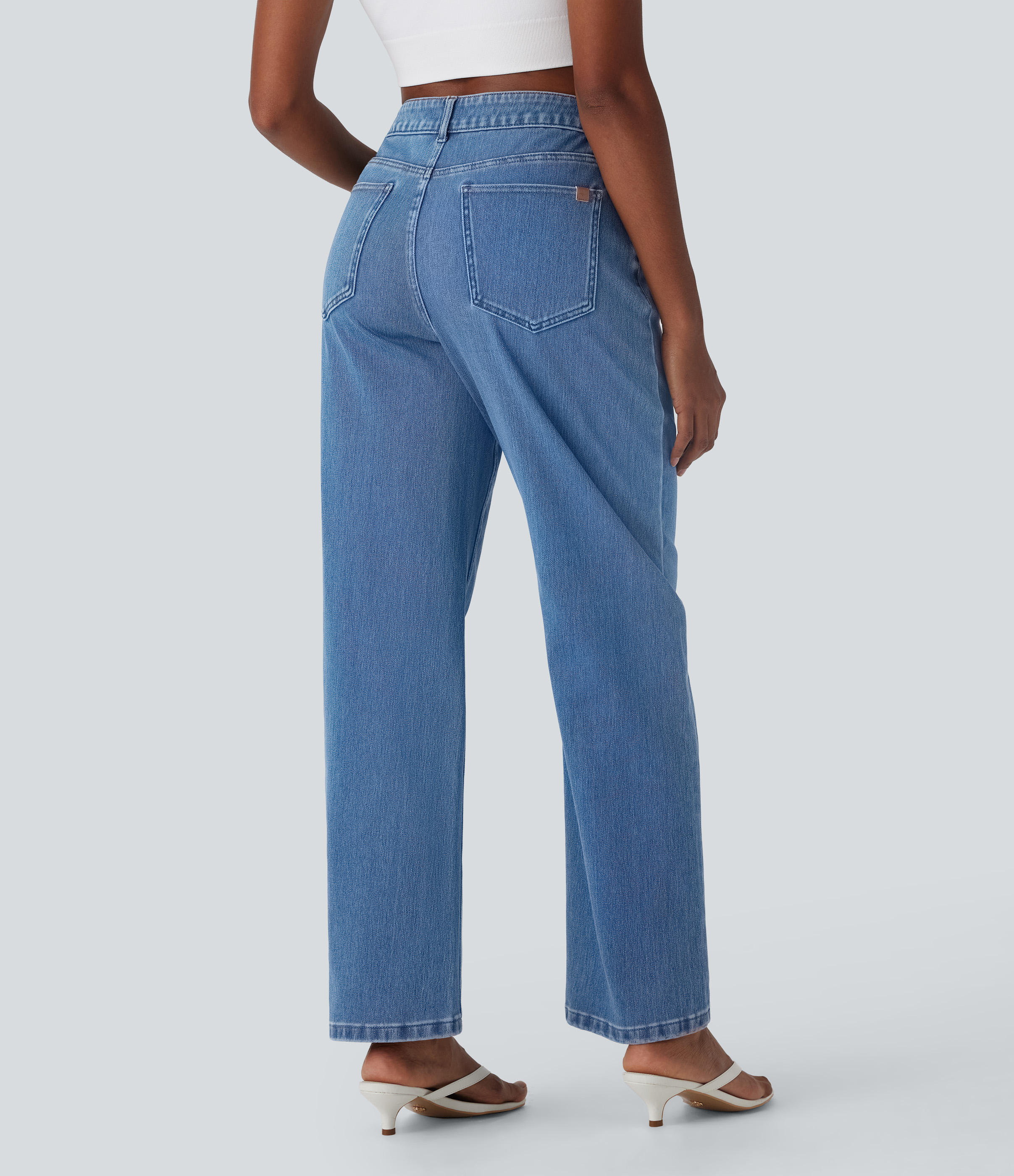 Estate Blue Denim Jeans Halara Flex™ Denim Baggy holgados elásticos desgastados de tiro medio con bolsillos / 2