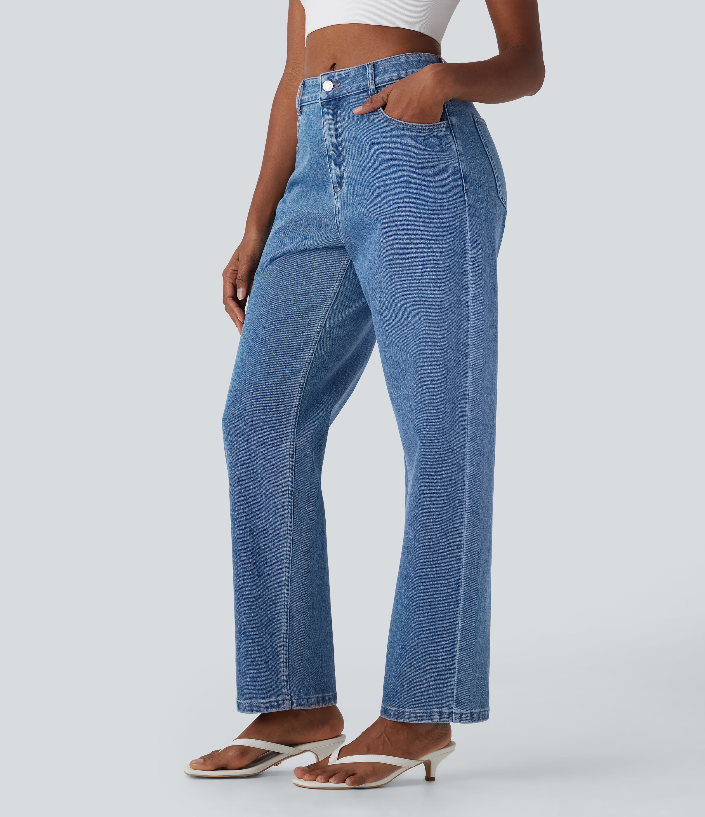 Jeans Halara Flex™ Denim Baggy holgados elásticos desgastados de tiro medio con bolsillos
