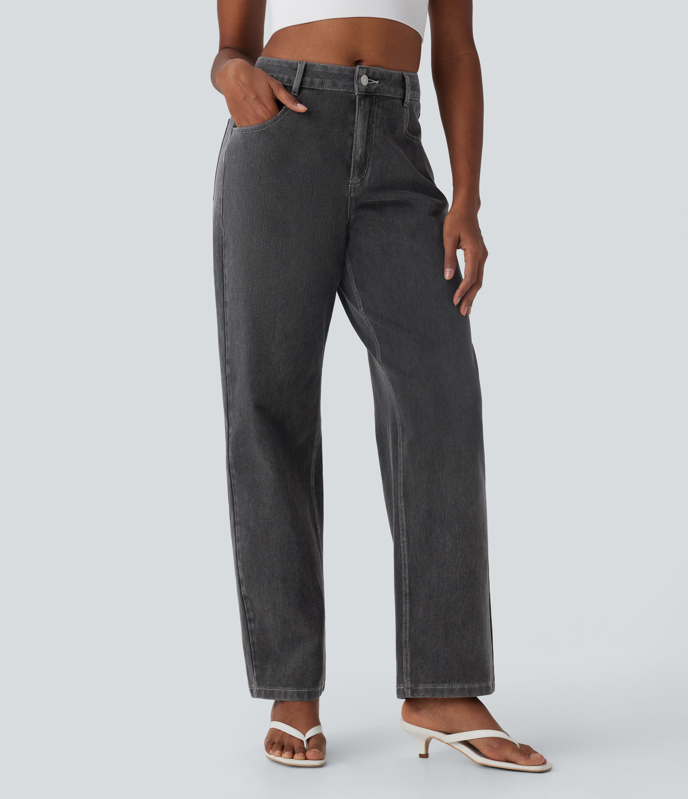 Halara Flex™ Mid Rise Washed Casual Baggy Jeans with Pockets