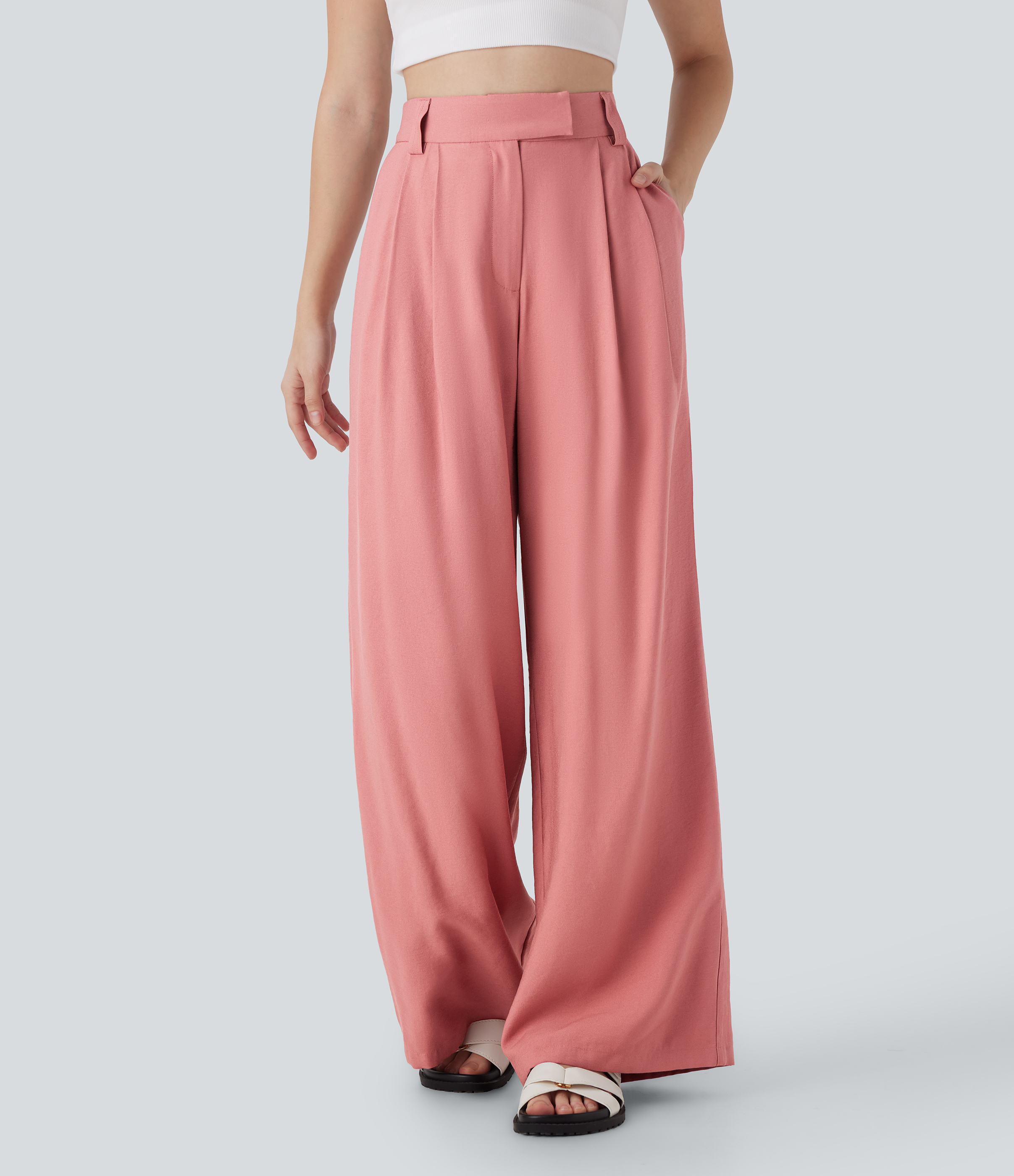 Mauveglow Pantalones casuales anchos de lino con tiro medio y bolsillos / 1